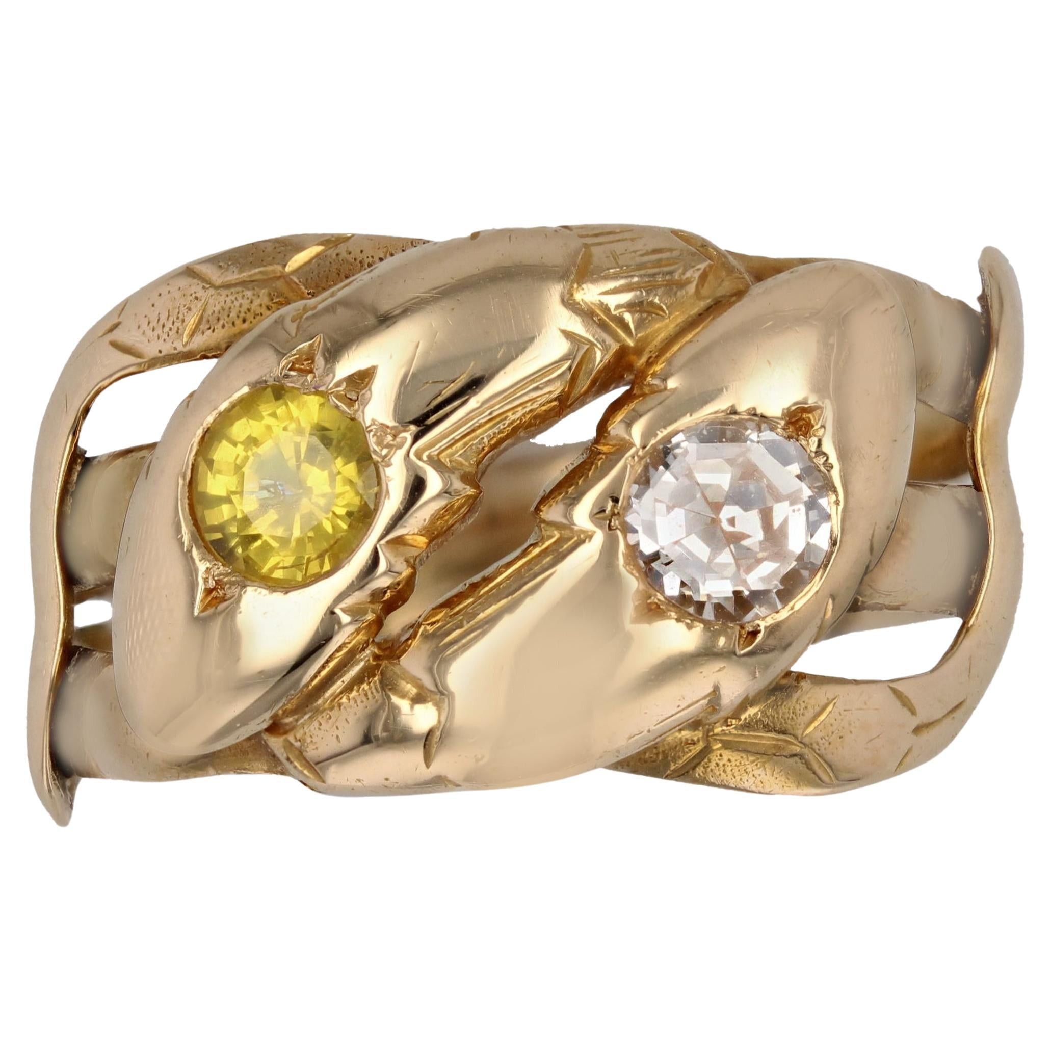 image of Vintage 20Th Century Yellow Sapphire Diamond 18 Karat Yellow Gold Snake Ring, Women's