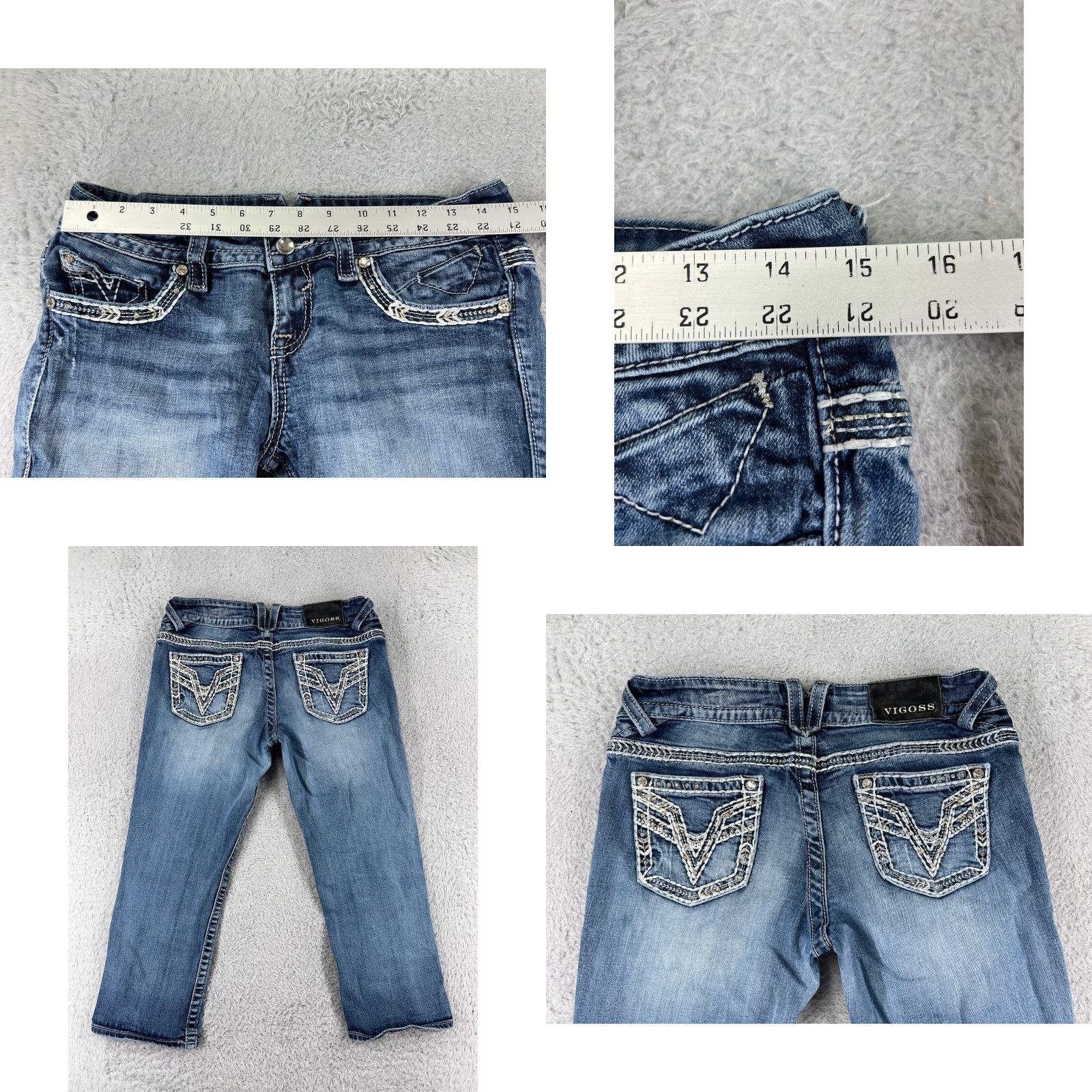 VIGOSS Womens Jeans Capri Denim Blue 7 Capris Embroidered Rhinestone Jeans 5-Pocket Style Modern Rise Regular Adult Womens Bootscut?