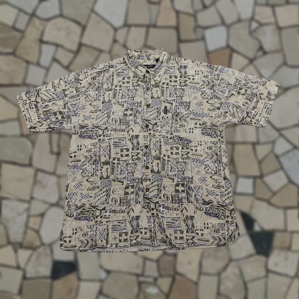 Guess VINTAGE GUESS Shirt Men Large Tan Abstract Tribal Hawaiian Aloha Linen Blend 90s Beach Casual Button-Up Short Sleeve Gecko Beige Mens Size US L / EU 52-54 / 3 - 1 Thumbnail