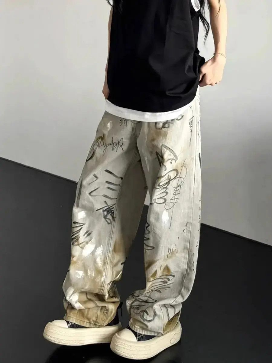 Japanese Brand Retro washed graffiti printed jeans Size US 32 / EU 48 - 6 Thumbnail