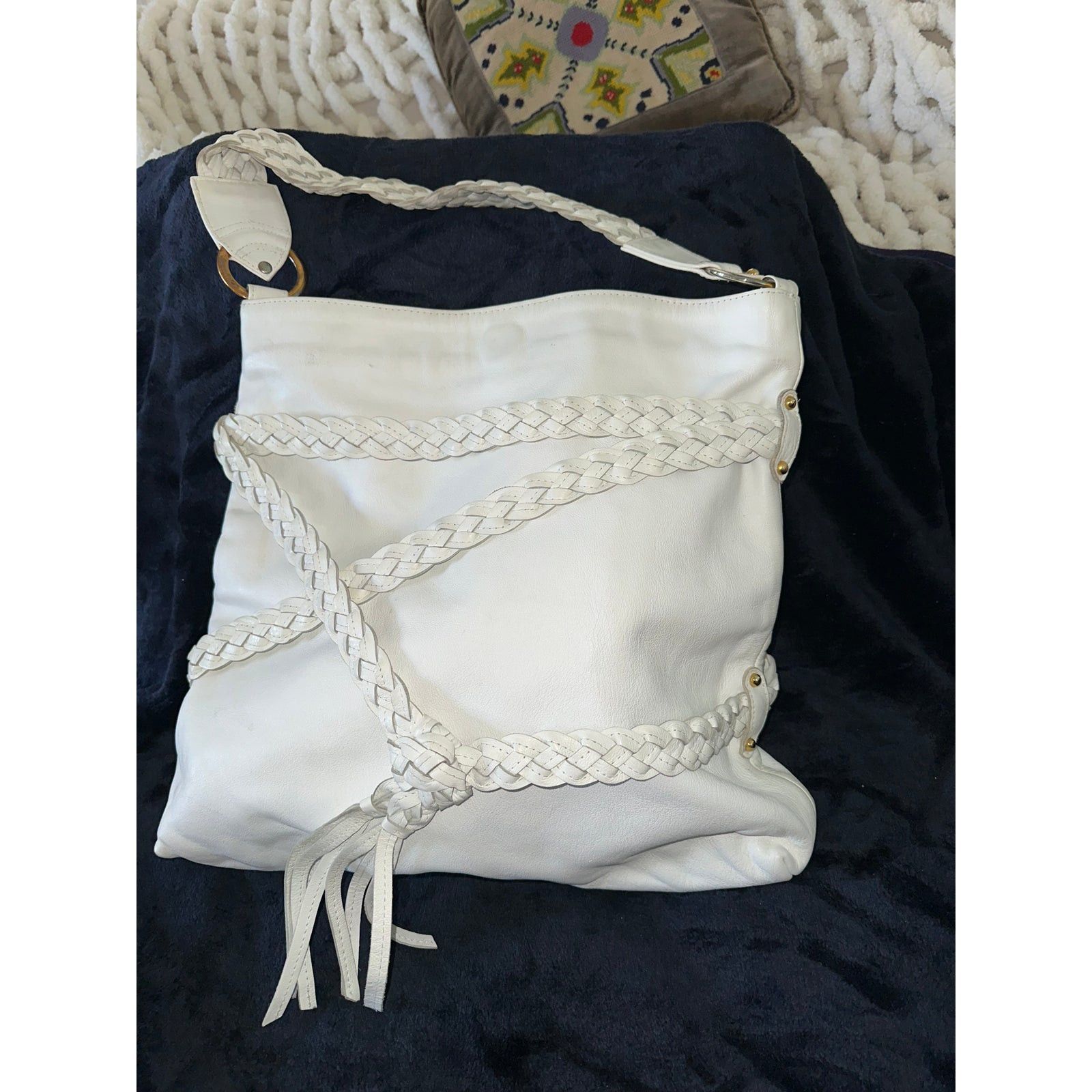 Other GOLDENBLEU HUGE BOHO WHITE LEATHER BAG BRAIDED TRIM & TASSEL Size ONE SIZE - 5 Thumbnail