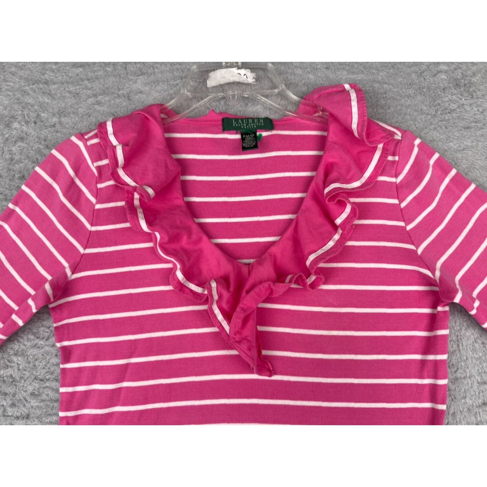 Ralph Lauren VINTAGE Lauren Ralph Lauren Shirt Women PM Petite Pink Striped Long Sleeve Cotton Pullover V-Neck Casual Ruffle Designer Size M / US 6-8 / IT 42-44 - 4 Thumbnail