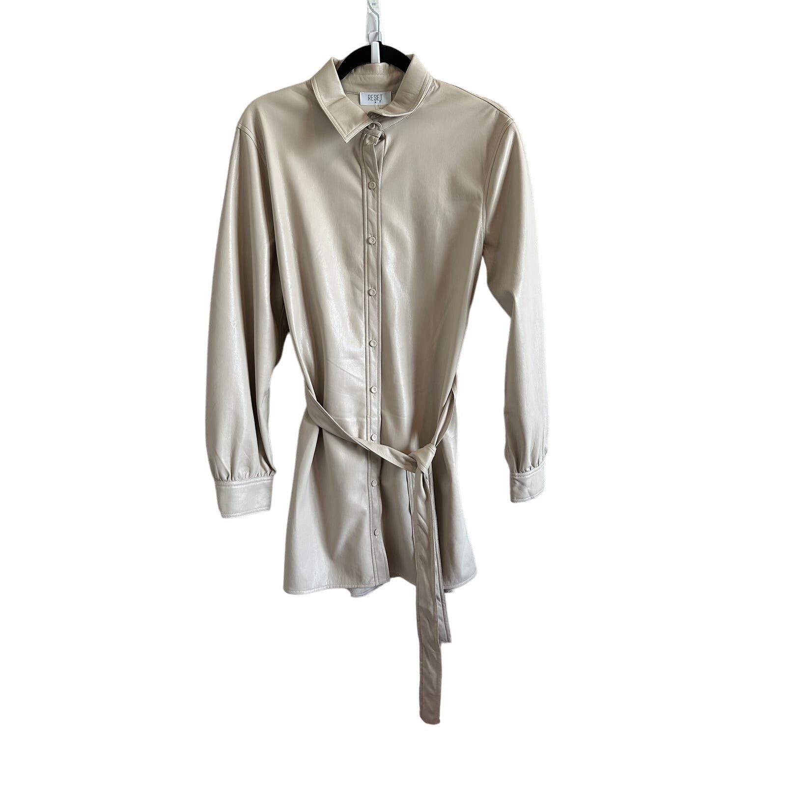 Other Reset Medium Cream Faux Leather Button Down Tie Waist Dress Size M / US 6-8 / IT 42-44 - 4 Thumbnail