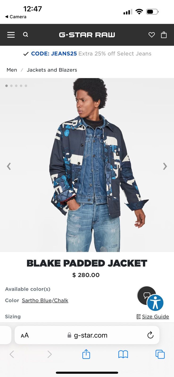 image of G Star Raw Padded Jacket in Blue, Men's (Size Medium)