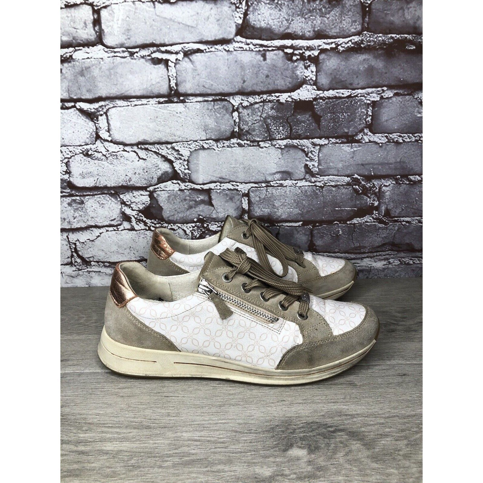 Other Ara Osaka White Leather Grey Suede Lace Up Sand Sneakers Wom Size US 7.5 / IT 37.5 - 3 Thumbnail