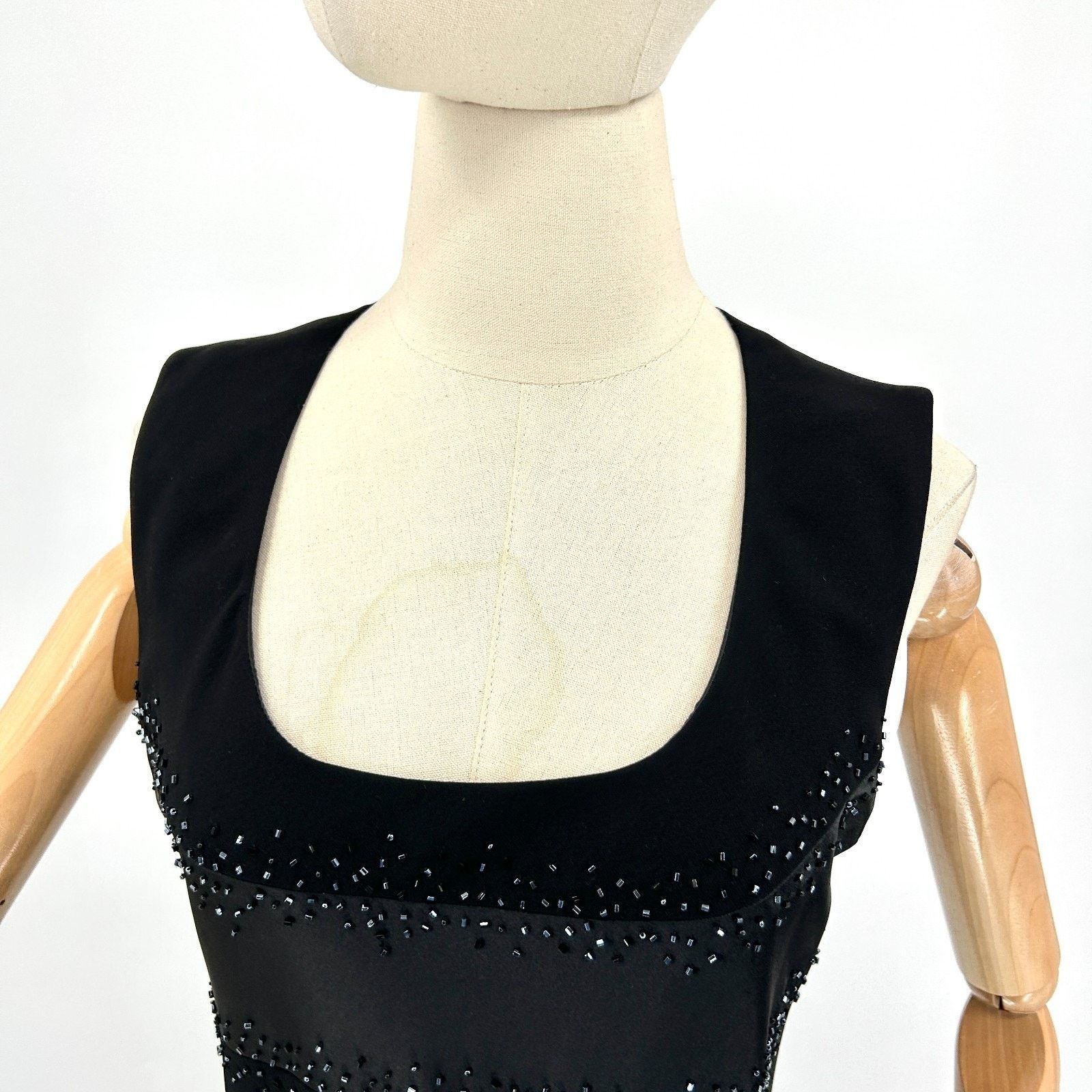 Evan Picone Vintage 90s Black Beaded Satin Trim Cocktail Midi Dress Size M / US 6-8 / IT 42-44 - 2 Thumbnail