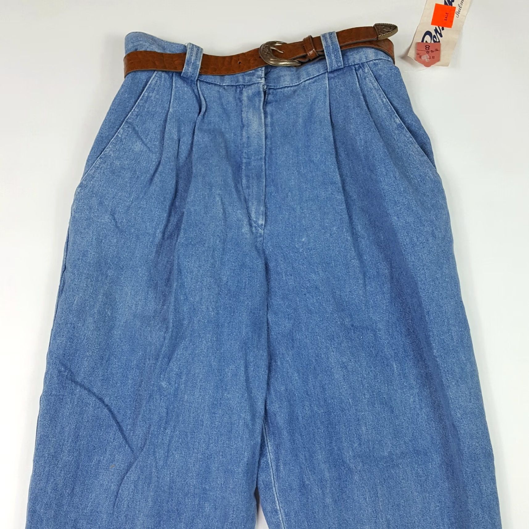 Denime Vintage Jeans Size 8 Blue Slim Belted Pleated Tapered Stonewashed Denim 80s Size 30" / US 8 / IT 44 - 2 Thumbnail