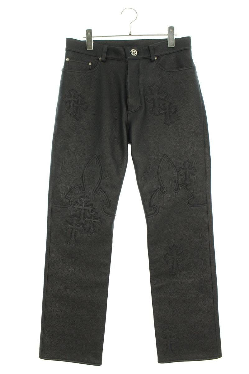 image of Chrome Hearts Flared Knee Cross Patch Leather Pants in Black, Men's (Size 31)