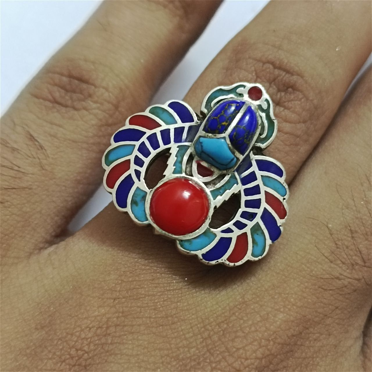 Sterling Silver 925 silver adjustable ring with scarab, turquoise, coral Size ONE SIZE - 5 Thumbnail