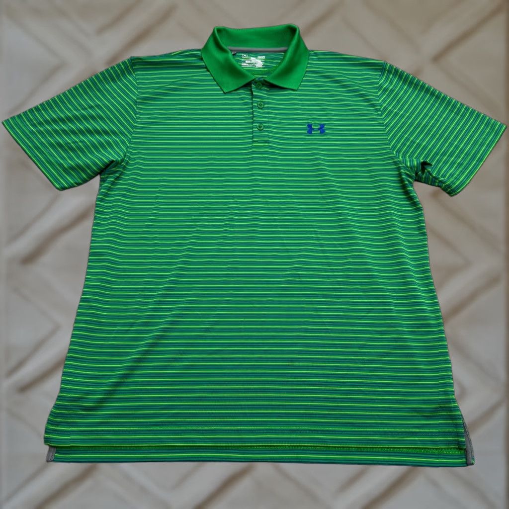 Under Armour Under Armour Polo Shirt Mens L Green Striped HeatGear Relaxed Fit Casual Golf Tennis Walking Short Sleeve 90s Classic Outdoor Mens Size US L / EU 52-54 / 3 - 1 Thumbnail