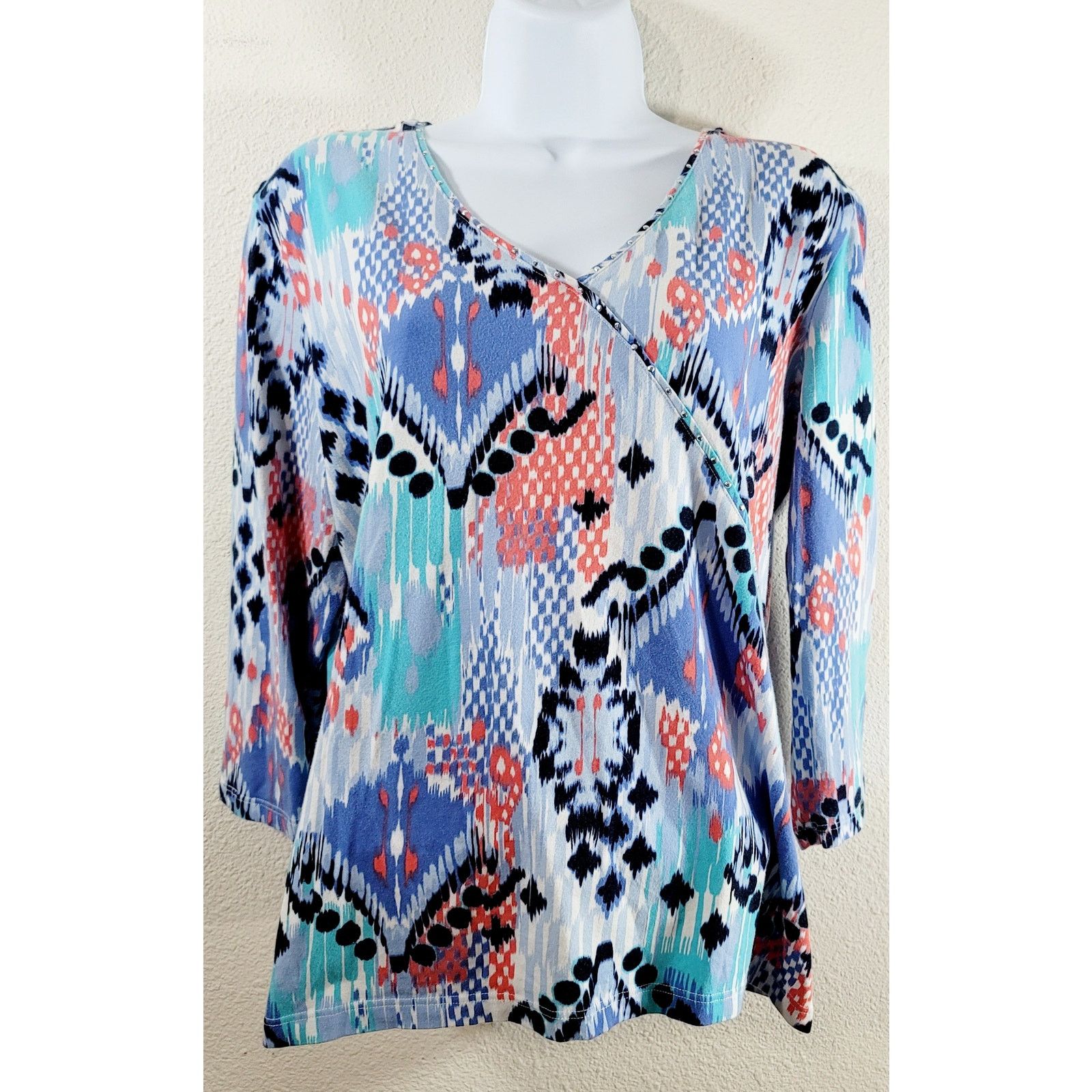 Other Ruby Rd. Blue White Orange Abstract Print V Neck Top Large Size L / US 10 / IT 46 - 1 Thumbnail
