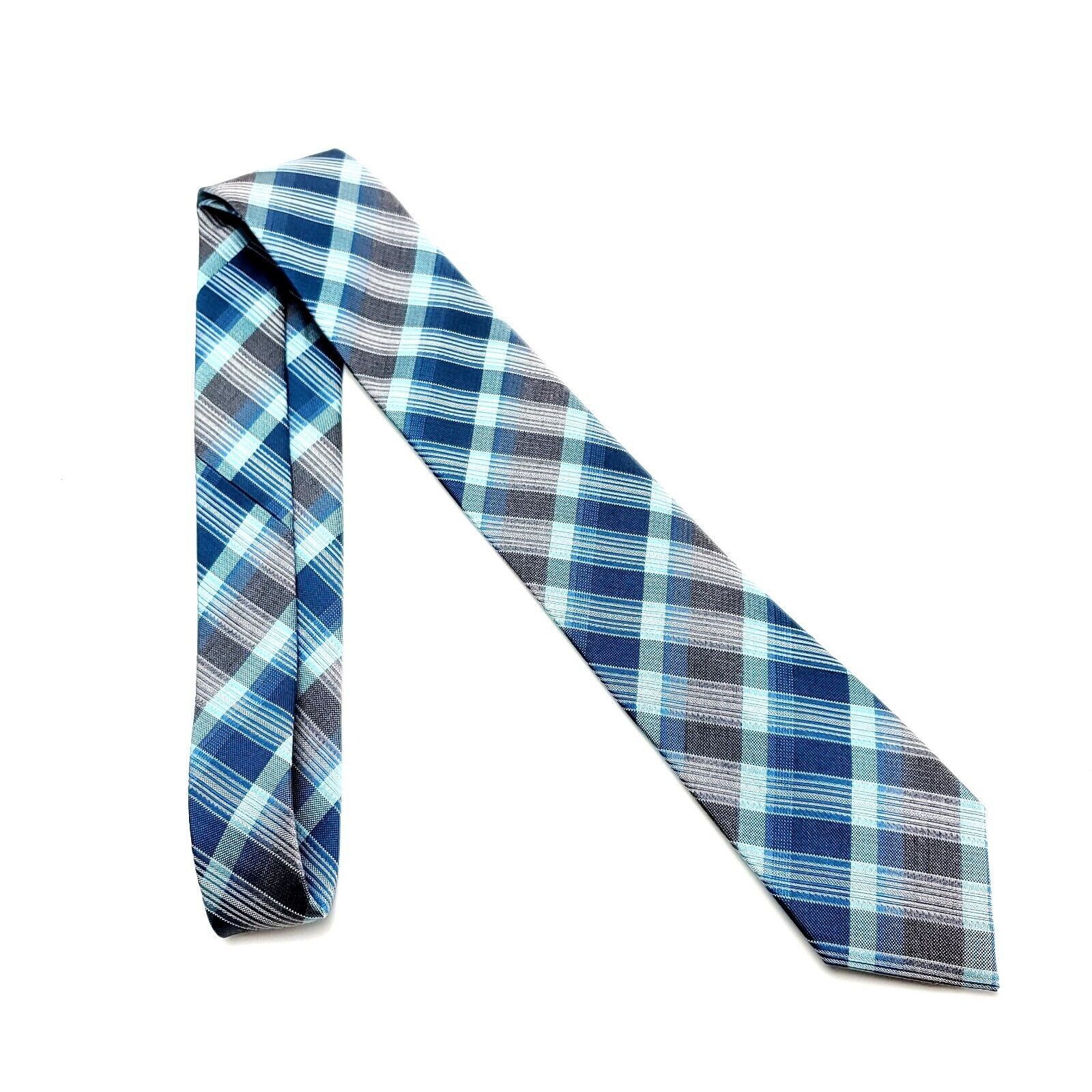Kenneth Cole Kenneth Cole Reaction Silk Tie Blue Gray Plaid Skinny Woven Size ONE SIZE - 6 Thumbnail
