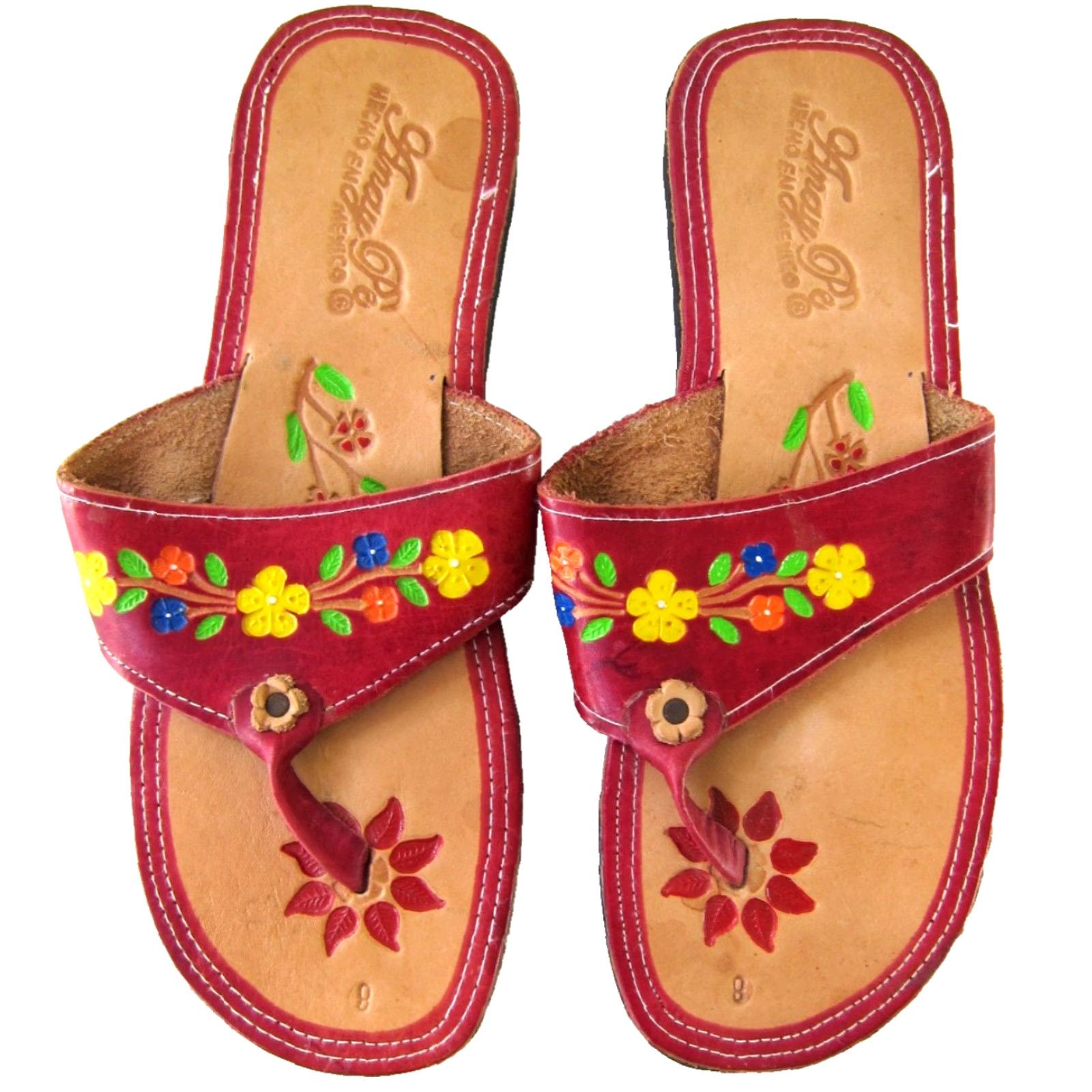 Vintage VTG Anay Pe Mexico Leather Red Floral T-Strap Slide Flip Flop Sandal Women 10 Size US 10 / IT 40 - 2 Thumbnail