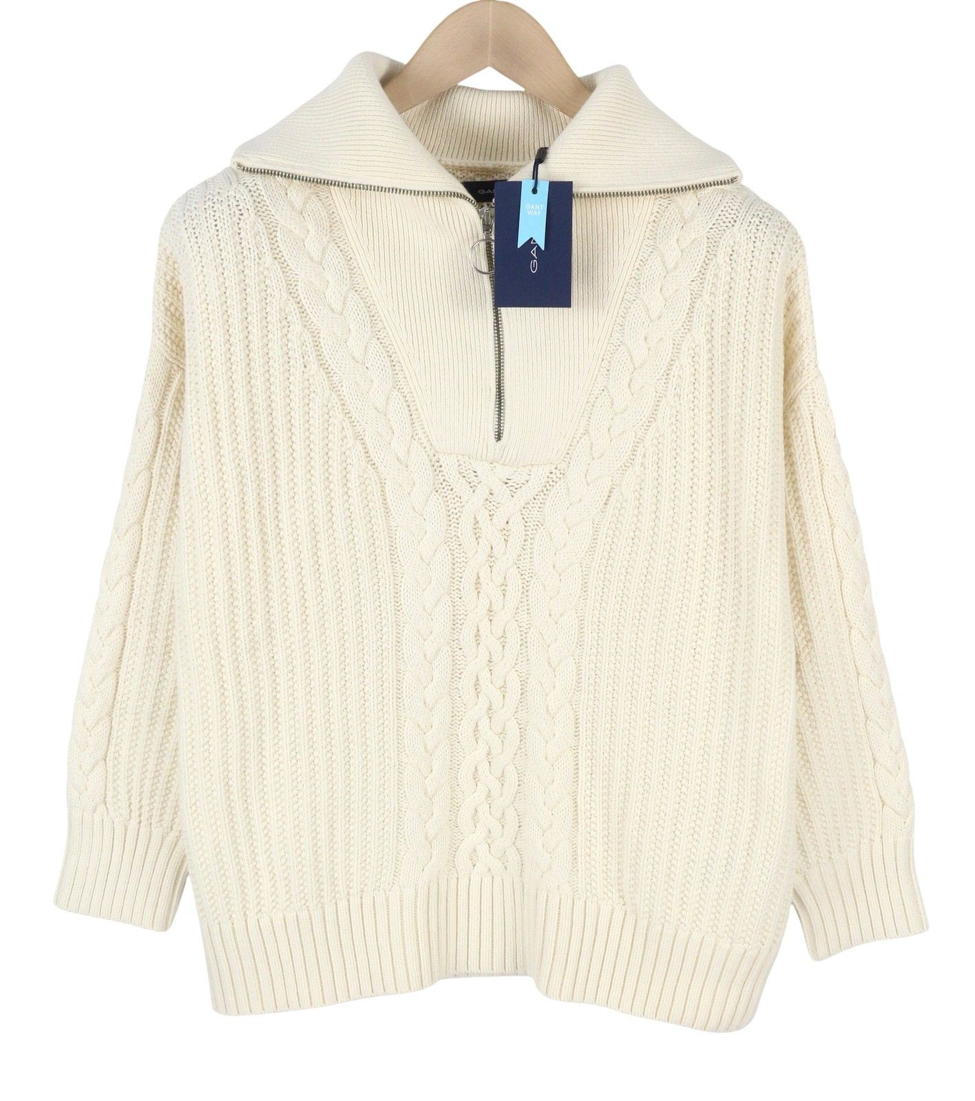 Gant CABLE HALF ZIP L Cream Wool Blend Knit 88106 Size L / US 10 / IT 46 - 3 Thumbnail