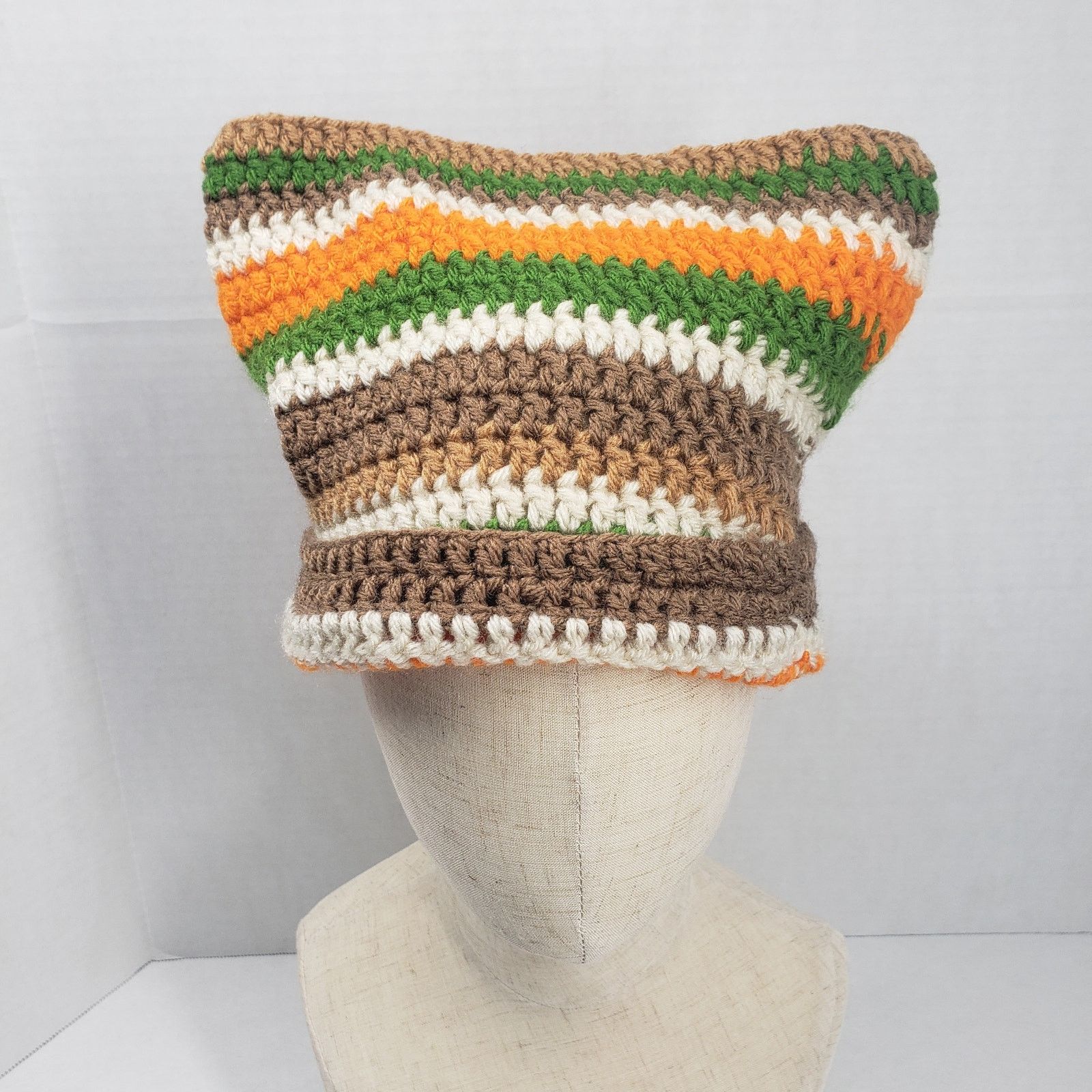 Handmade Cat Ear Beanie Crochet Hat Brown Green Stripe Handmade Knit Size ONE SIZE - 1 Thumbnail