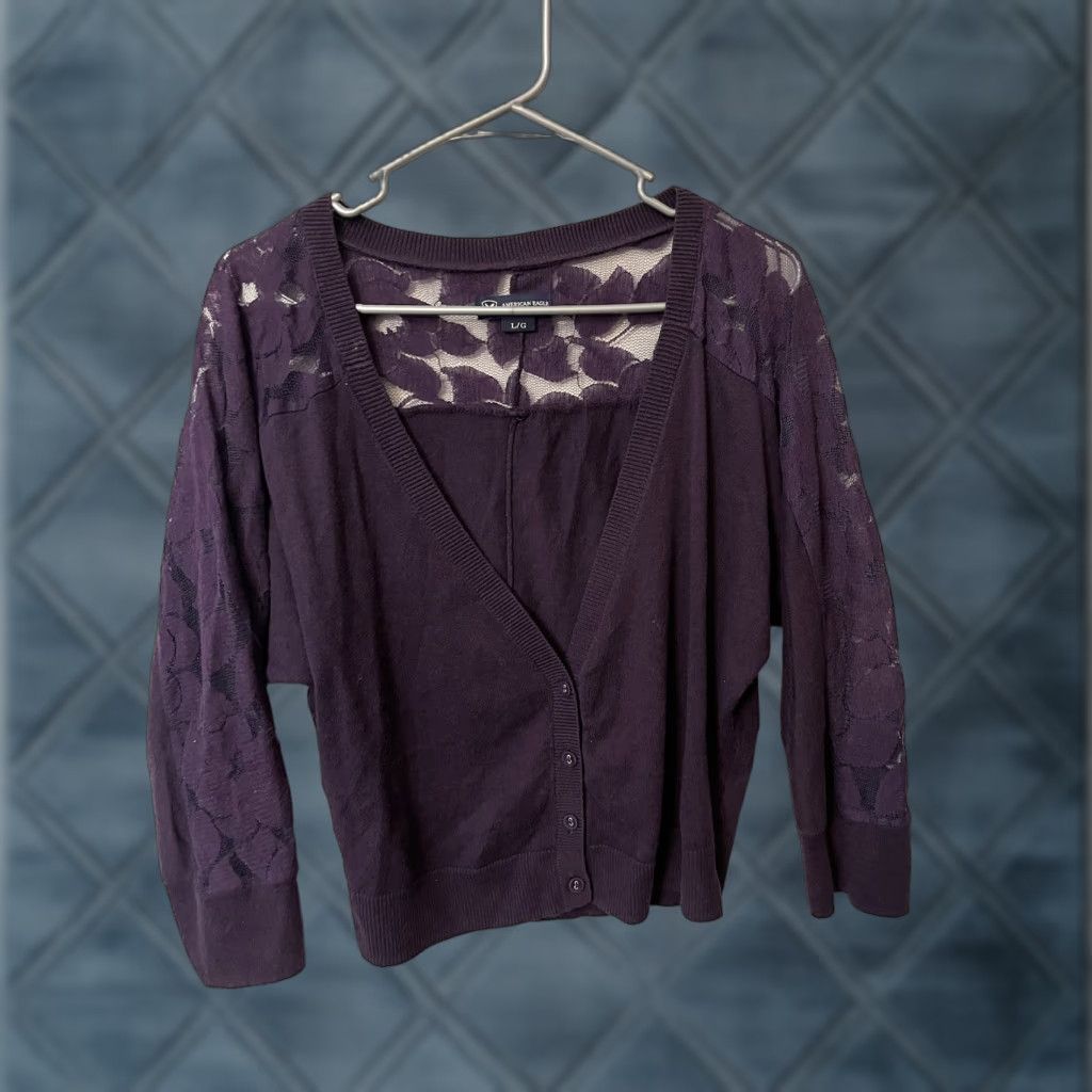American Eagle Outfitters American Eagle Outfitters Sweater Cardigan Womens Large Purple Lace Open Front 3/4 Sleeve V-Neck Knit Solid Casual Vintage No Size L / US 10 / IT 46 - 1 Thumbnail