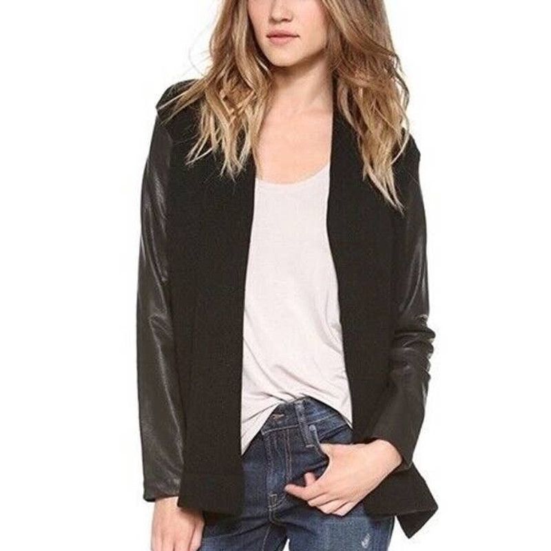 image of Vince Wool Yak Leather Sleeve Shawl Drape Cardigan Sweater in Black, Women's (Size Small)