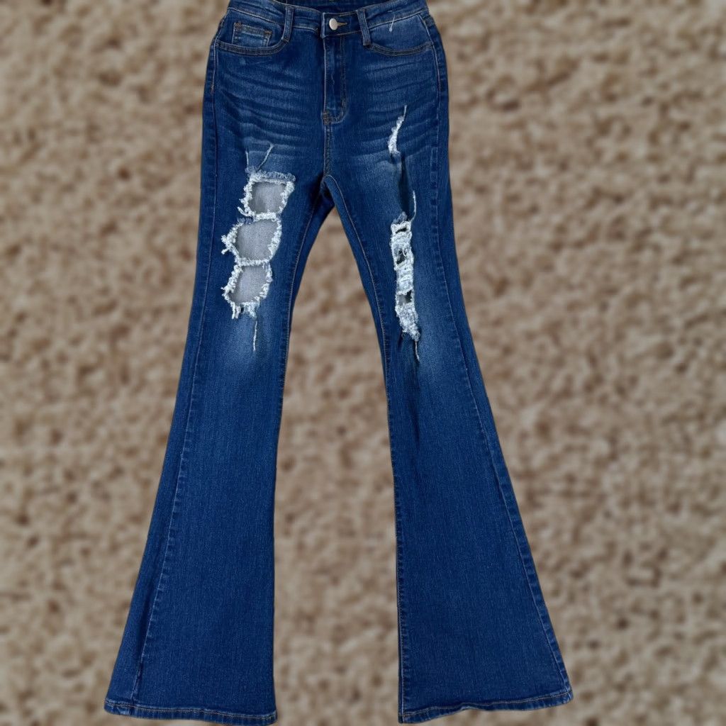 Shein Shein Jeans Womens 27 Blue Denim Flare Distressed Cotton Blend Mid 24x32 Pants Size 27" / US 4 / IT 40 - 1 Thumbnail