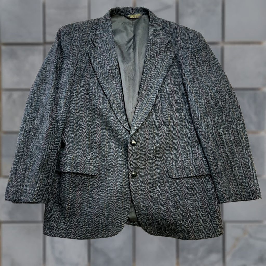 Vintage VTG Harris Tweed Blazer Mens 42 Navy Blue Herringbone Wool Sport Coat Blazer Notch Lapel 2-Button Single-Breasted Wool Blazer Mens 42 Blue Size 42R - 1 Thumbnail