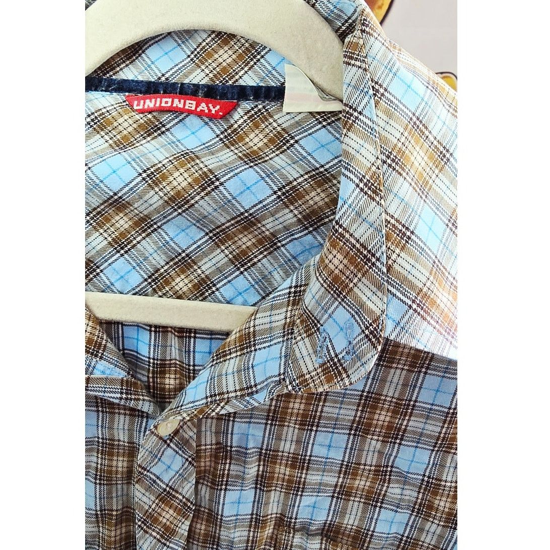UNIONBAY Unionbay Brown Blue Plaid Cotton Button Down Shirt Size L Size US L / EU 52-54 / 3 - 3 Thumbnail