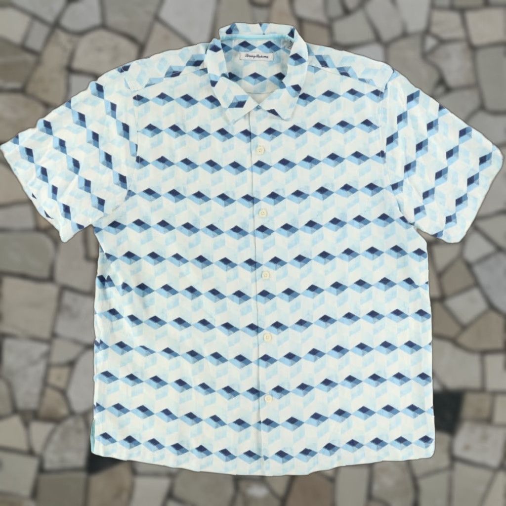 Tommy Bahama Tommy Bahama Camp Hawaiin Silk Geometric Button Up Shirt Blue Men's XL Size US XL / EU 56 / 4 - 1 Thumbnail