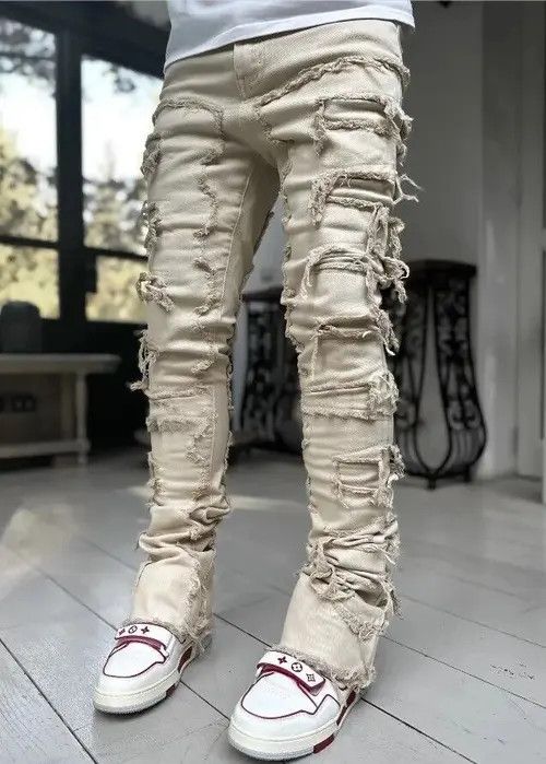 white Color Heavyweight Streetwise Stretch Patch Denim Pant