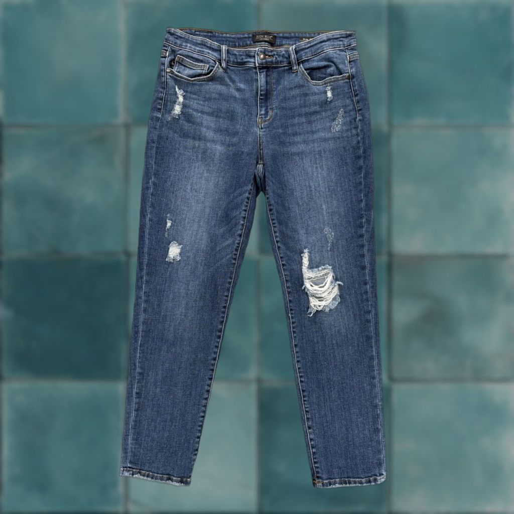 Denime Judy Blue Jeans Womens 13/31 Straight Fit Blue Mid Rise Distressed Stretch Denim Jeans Women Slim Pocket 5-Pocket Fall Vintage: No, etc Size 24" / US 00 / IT 34 - 1 Thumbnail
