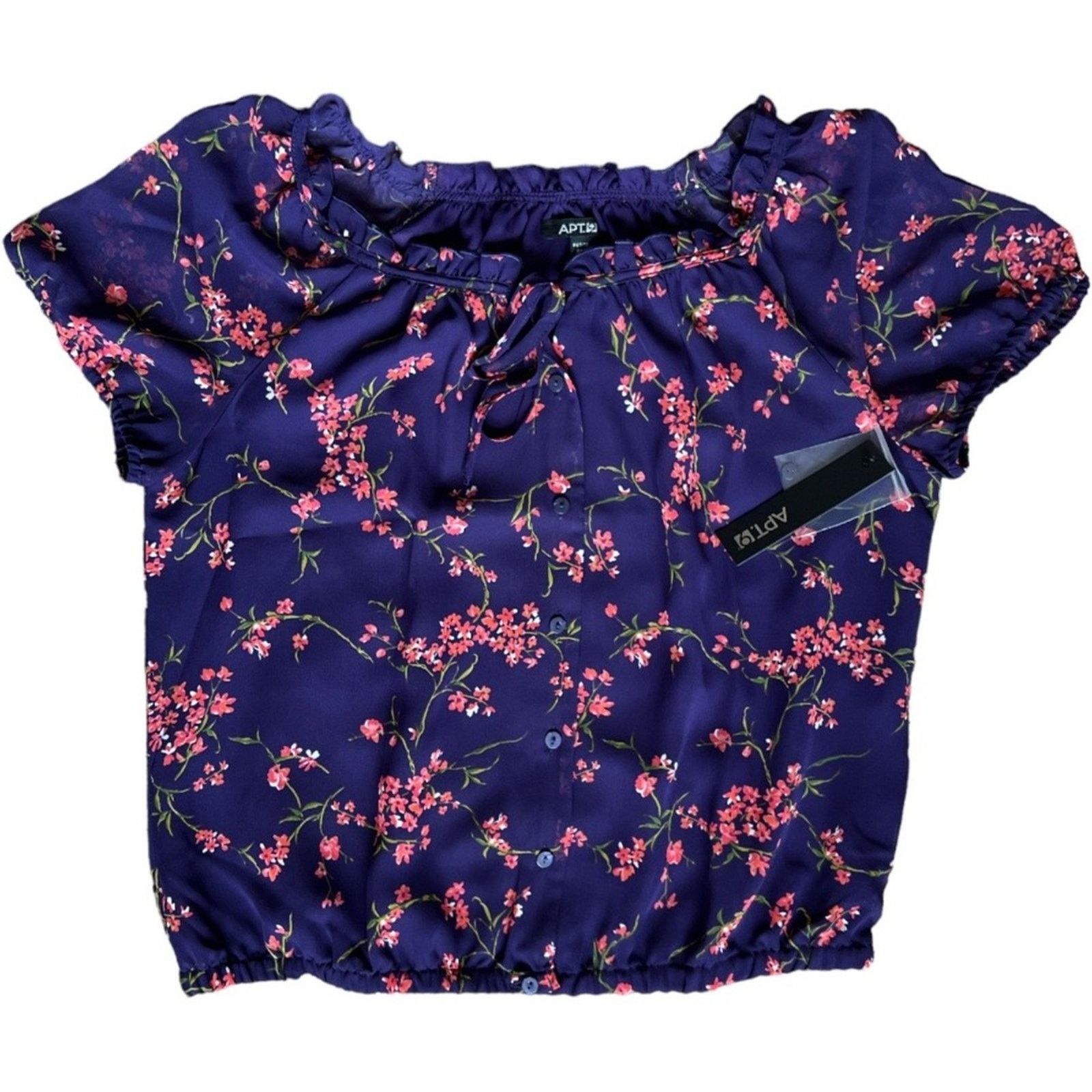 Apt. 9 Apt.9 Purple Floral Peasant Ruffled Short Sleeve Blouse, PM Size M / US 6-8 / IT 42-44 - 2 Thumbnail