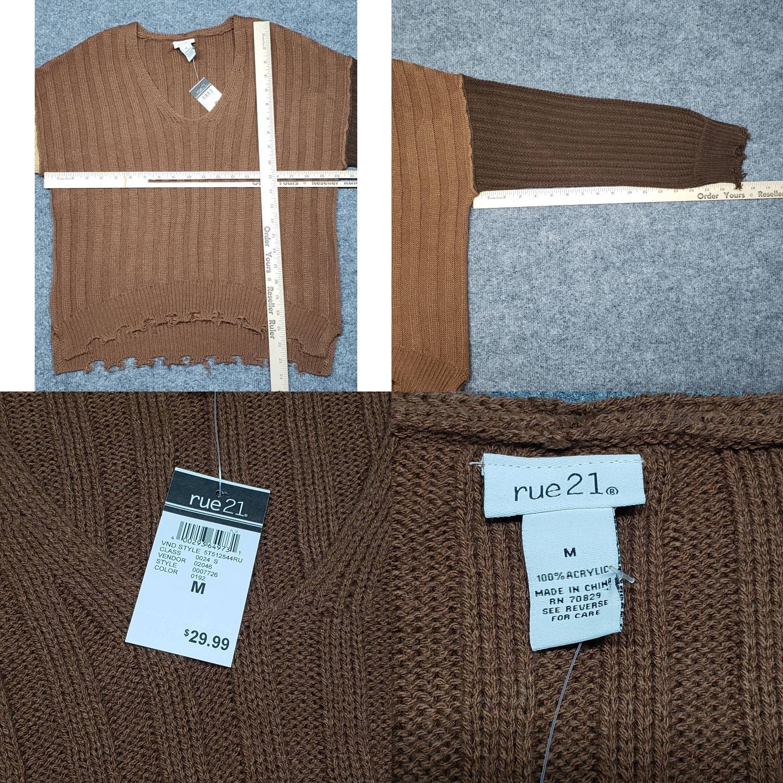 Vintage Rue21 Sweater Womens M Brown Long Sleeve V-Neck Pullover Distressed Edges New Size M / US 6-8 / IT 42-44 - 8 Thumbnail