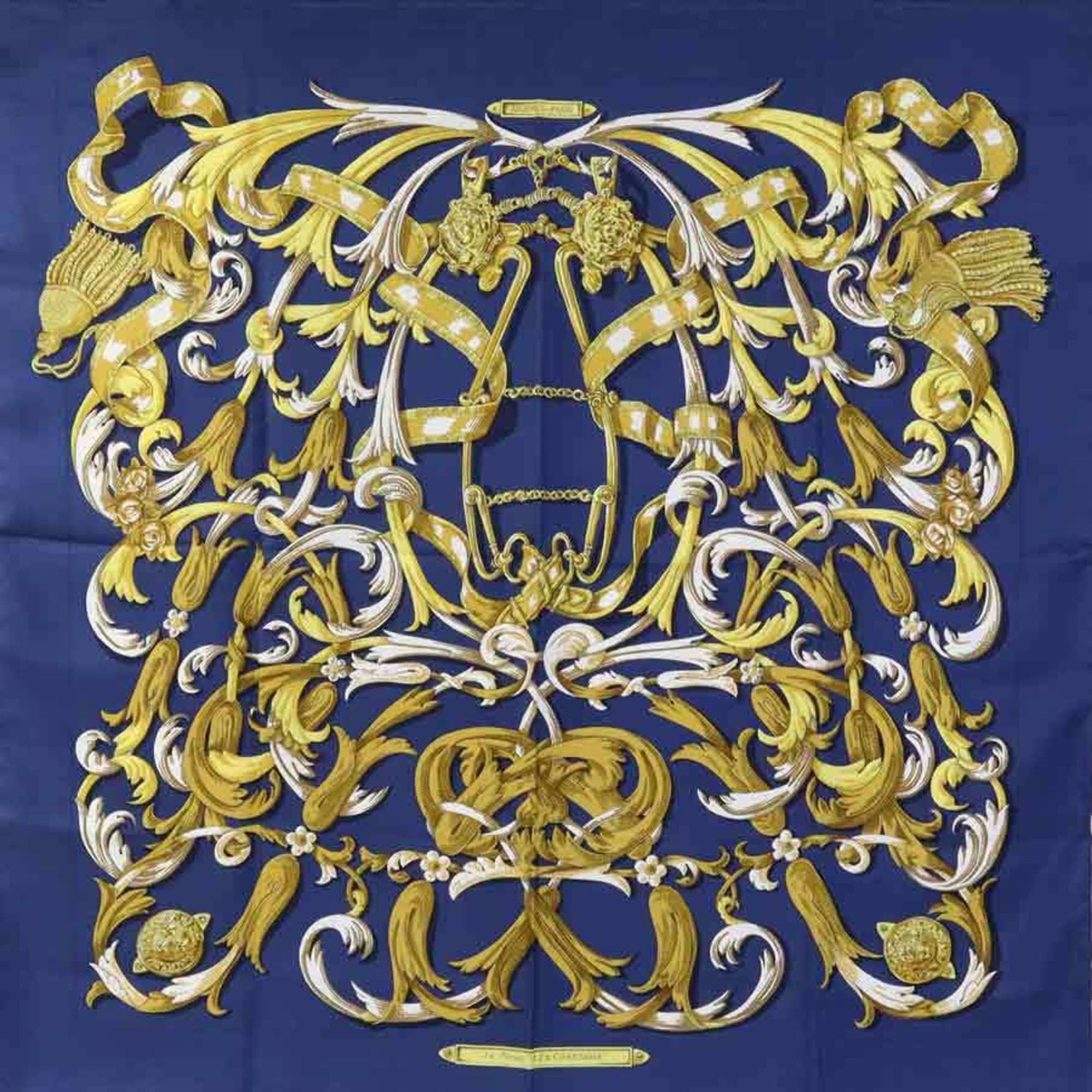 image of Hermes Scarf Carre90 Le Mors A La Conetable Silk Navy/gold/white Ladies, Women's