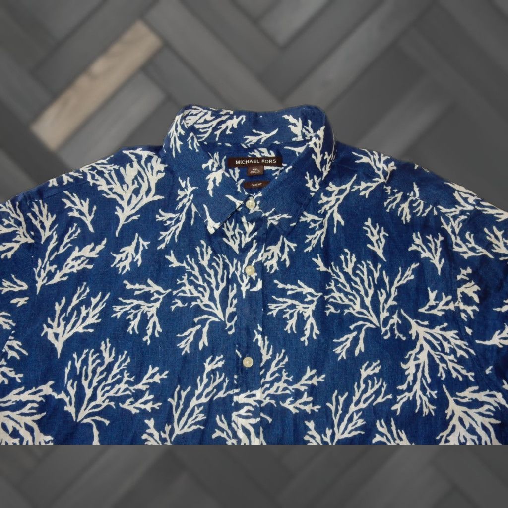 Michael Kors VINTAGE Michael Kors Men's Linen Shirt 2XL Short Sleeve Floral Button-Up Blue Summer Slim Fit Size US XXL / EU 58 / 5 - 1 Thumbnail