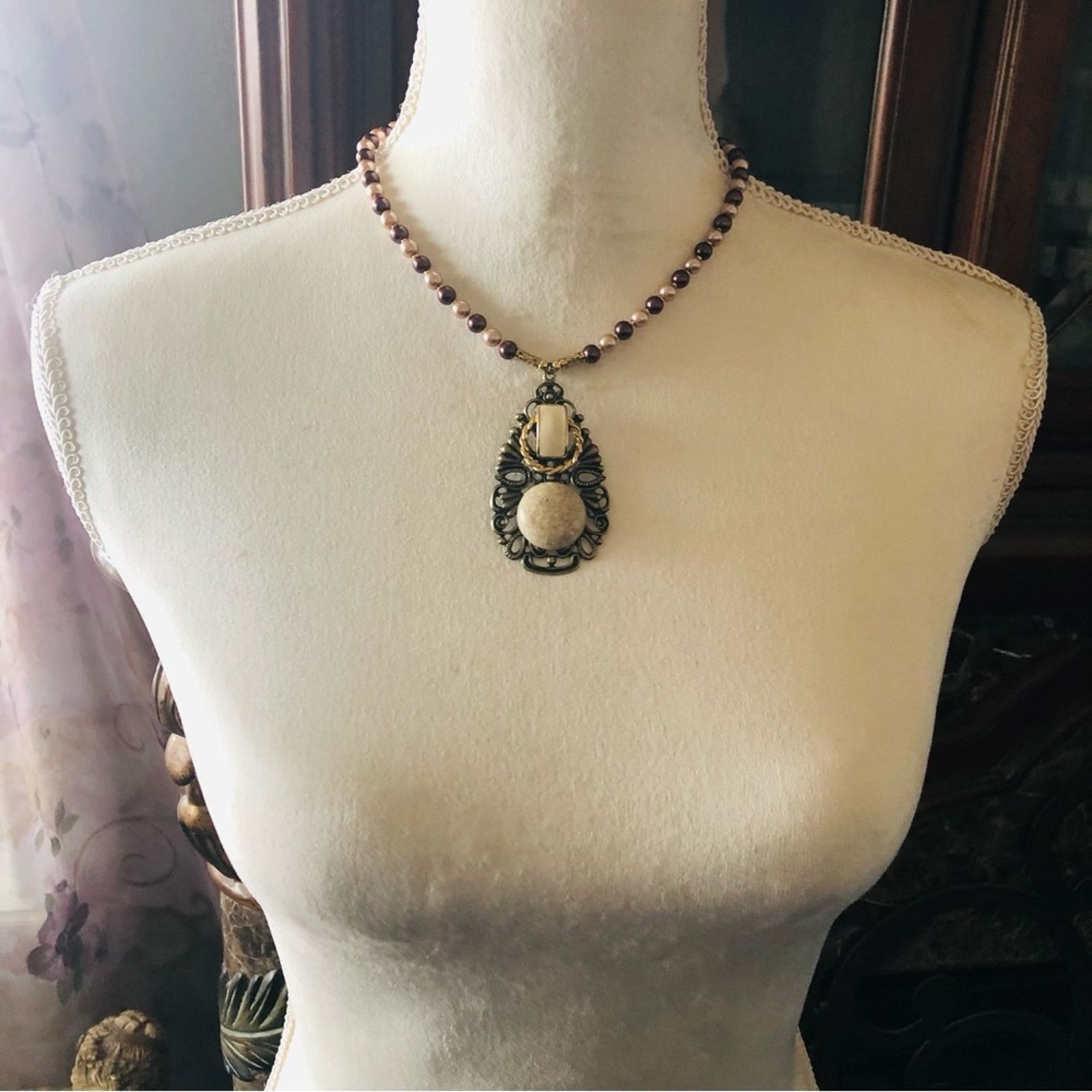 Handmade Handcrafted repurpose filigree pendant Czech Pearl necklace Size ONE SIZE - 6 Thumbnail