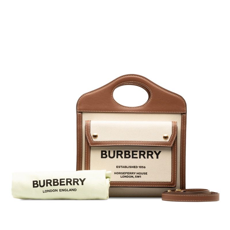 image of Burberry Logo Canvas Pocket Tote in White, Women's