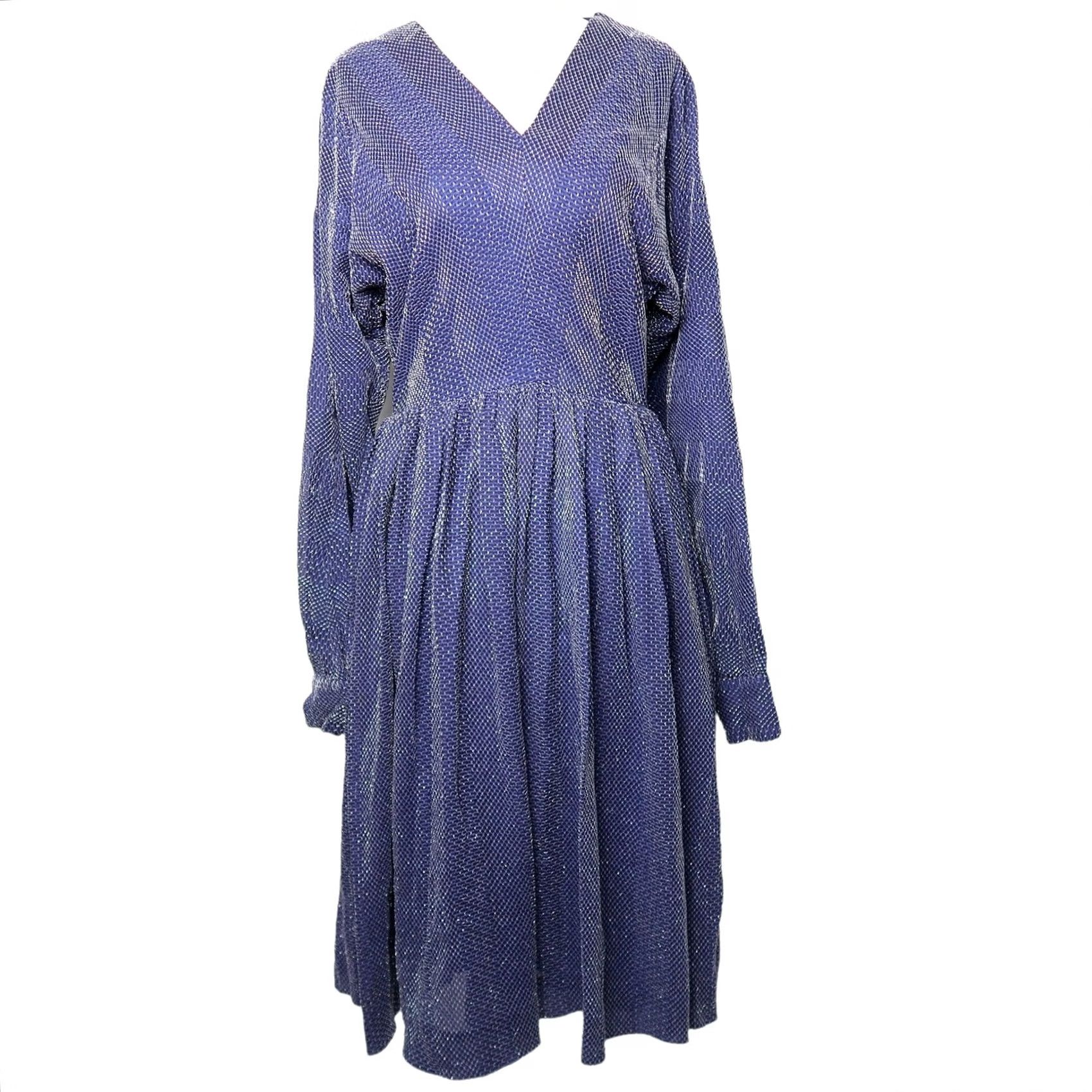 Vintage VINTAGE 70s Navy Blue and Metallic Silver Chainmail Aline Midi Party Dress M Boys? Size M / US 6-8 / IT 42-44 - 2 Thumbnail