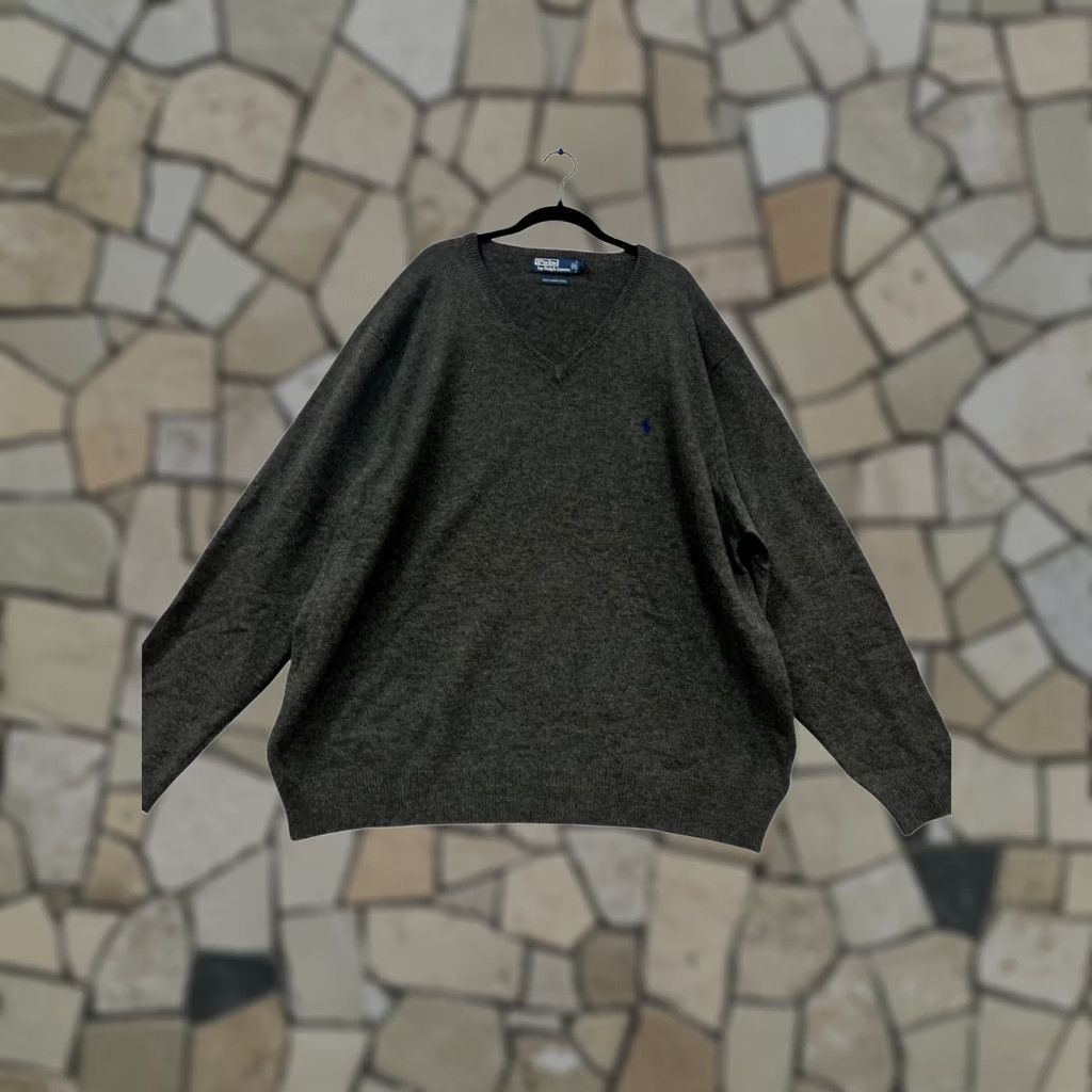 Polo Ralph Lauren Polo Ralph Lauren Sweater V-Neck 5X Lambswool Charcoal Grey Mens Pullover Knit Logo Long Sleeve Regular Vintage No Size US XXL / EU 58 / 5 - 1 Thumbnail