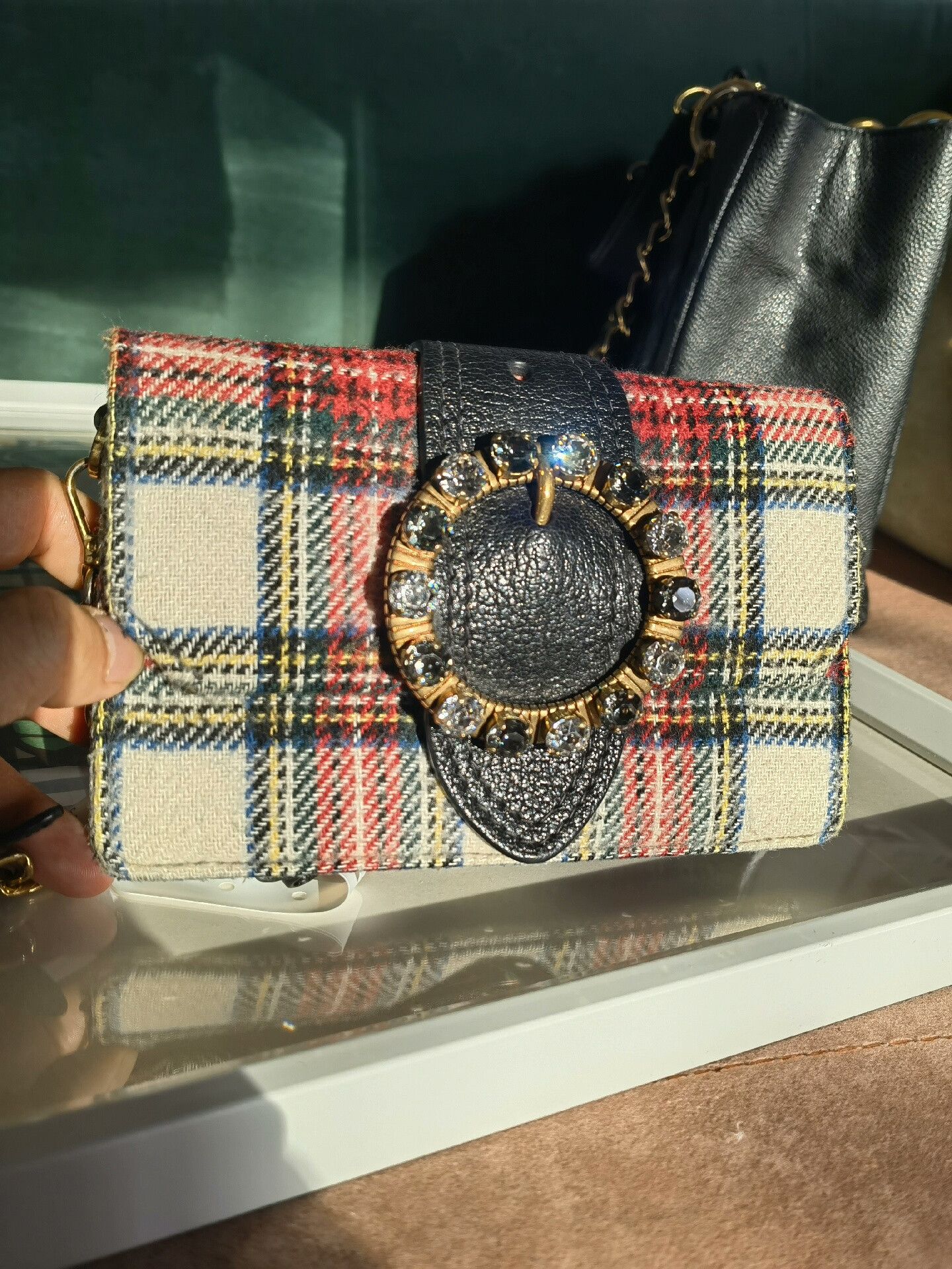 Miu Miu Plaid Crystal Shoulder Bag
