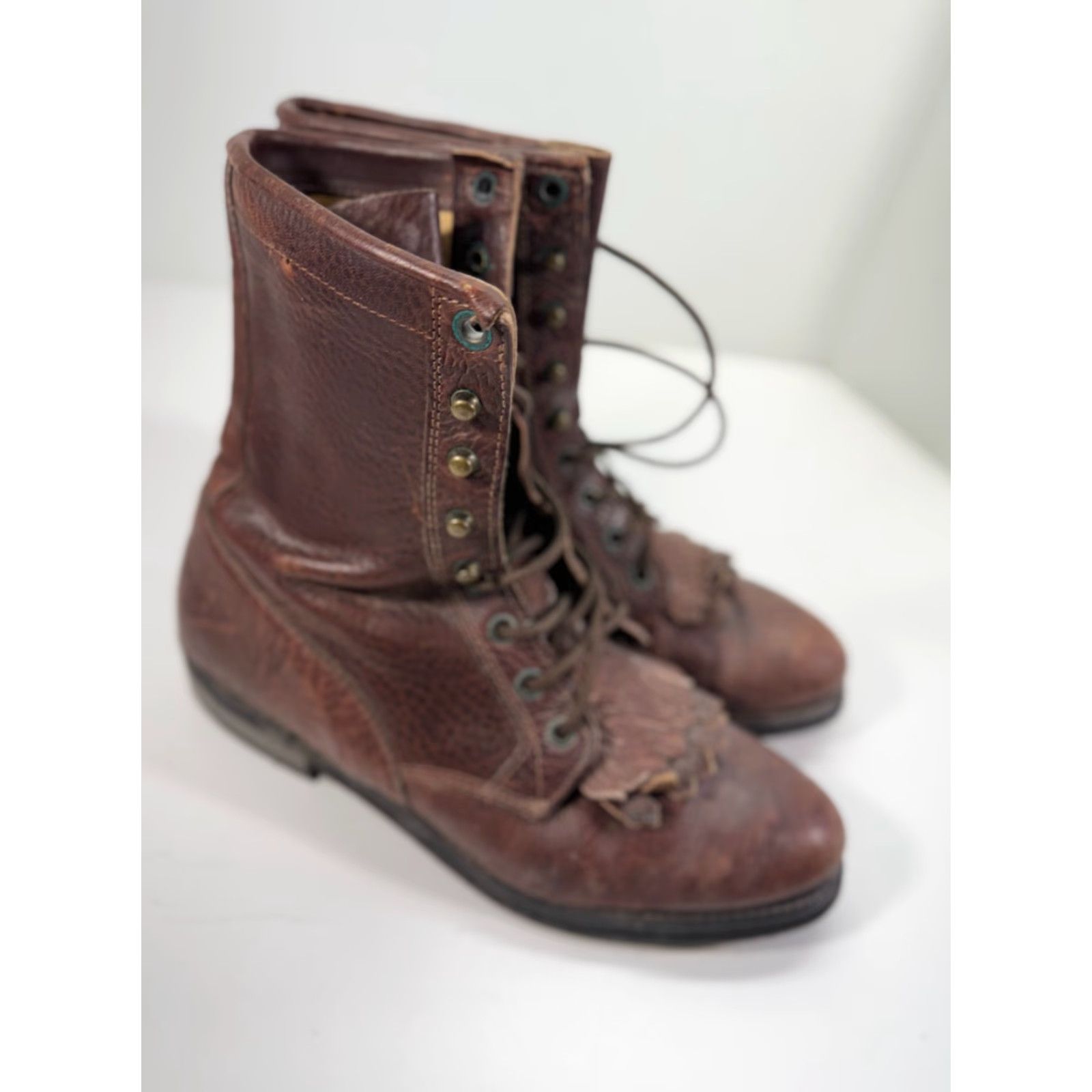 Vintage Boulet Western Boots Mens 9 Brown Leather Lace-Up Cowboy Almond Toe Mid-Calf Shaft Style Western Theme Cowboy, Workwear, Comfort, Casual Men Boots Size US 9 / EU 42 - 2 Thumbnail