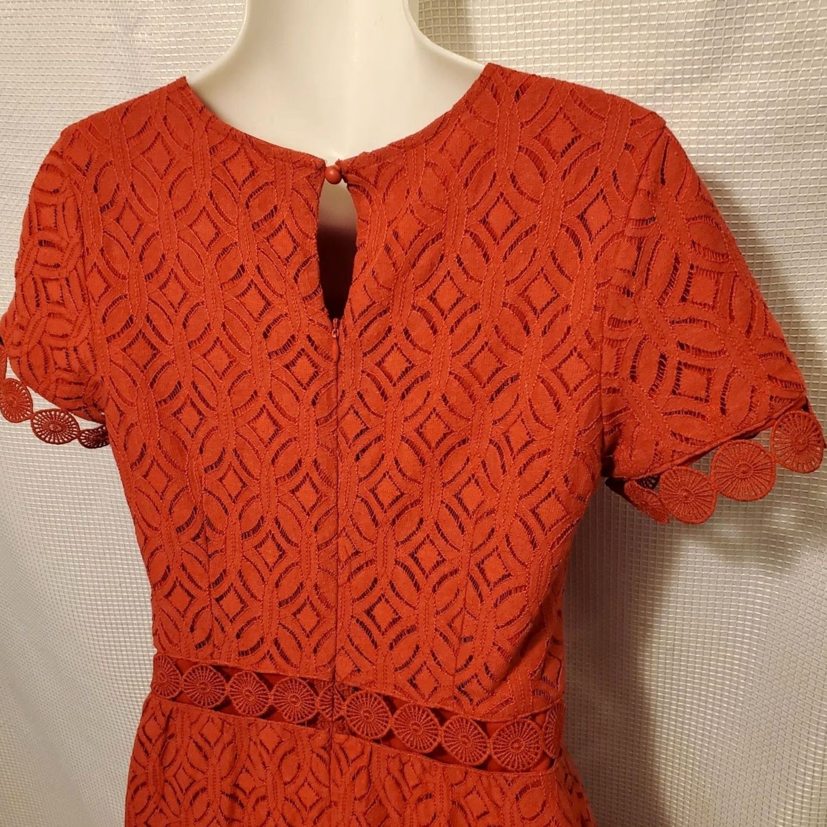 Vintage Jessakae Dress Midi Red Crochet Lined Bohemian Geometric Short Sleeve Round Neck Zip Button S Small Women's Vintage No Size S / US 4 / IT 40 - 5 Thumbnail
