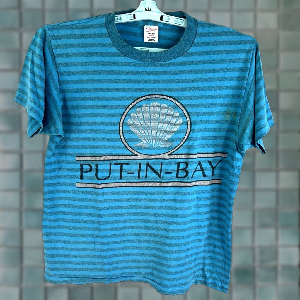 Vintage VTG Sherry's Best PUT-IN-BAY Striped T-Shirt Mens M Blue 90s Logo Crew Neck Short Sleeve Cotton Knit Vintage United States Men Size US M / EU 48-50 / 2 - 1 Thumbnail