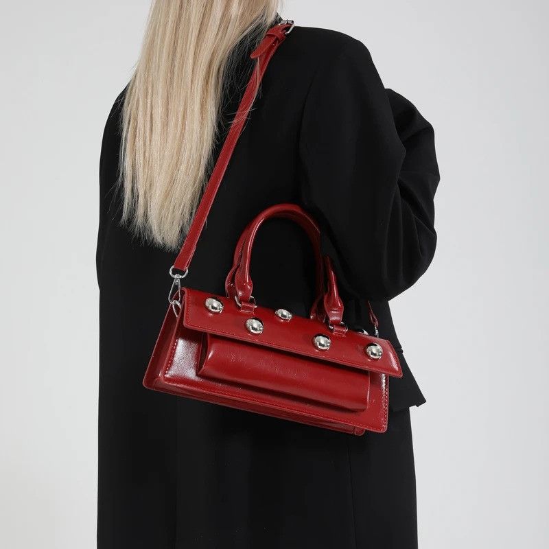 Vintage Retro Red Rivets PU Leather Crossbody Bag Size ONE SIZE - 2 Thumbnail