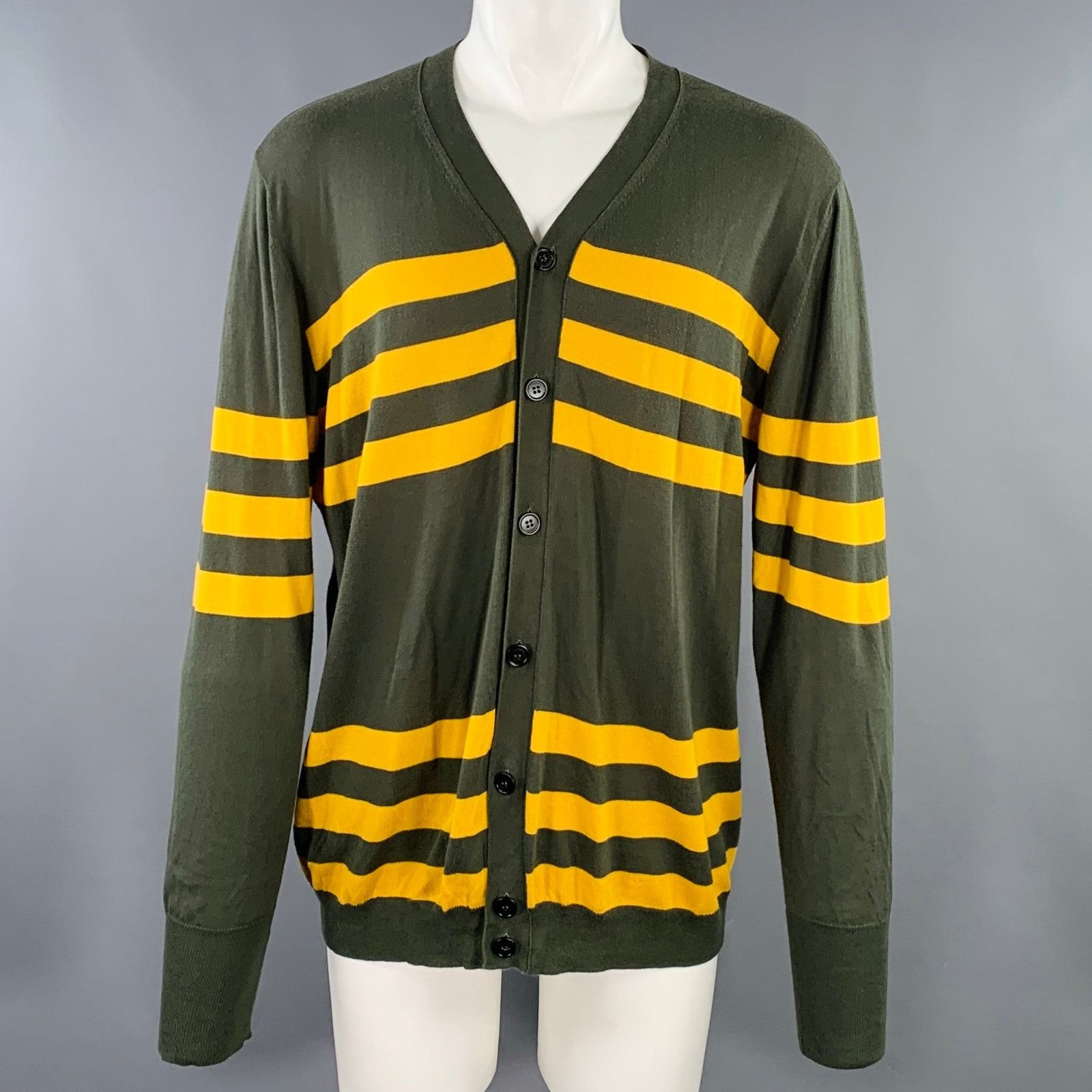 Marni MARNI Size M Green Yellow Stripe Cotton V-Neck Cardigan Size US M / EU 48-50 / 2 - 1 Thumbnail
