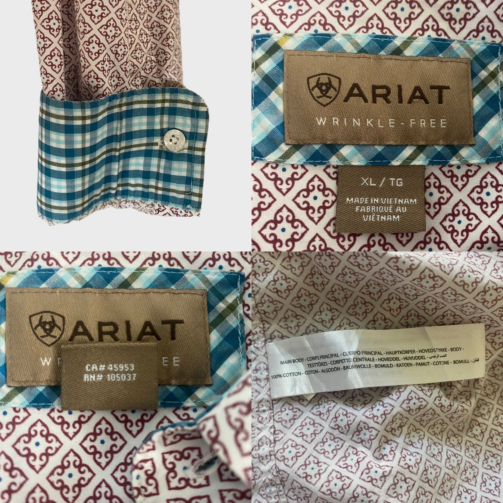 Ariat VINTAGE Ariat Western Button-Down Shirt Long Sleeve Geometric Contrasting Cuffs Mens XL Size US XL / EU 56 / 4 - 8 Thumbnail