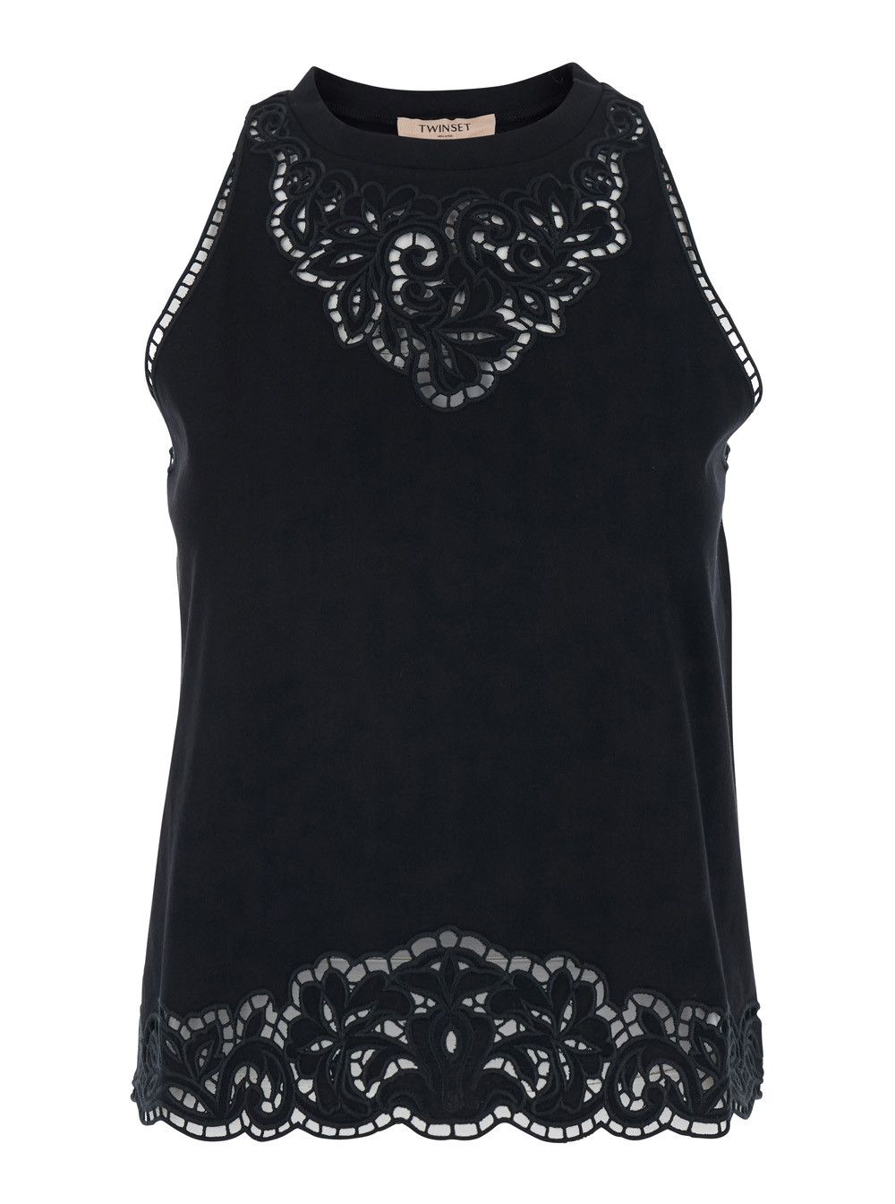 TWINSET Top with Lace Details on the Neck and Hem in Black Cotton for Women Size S / US 4 / IT 40 - 1 Thumbnail