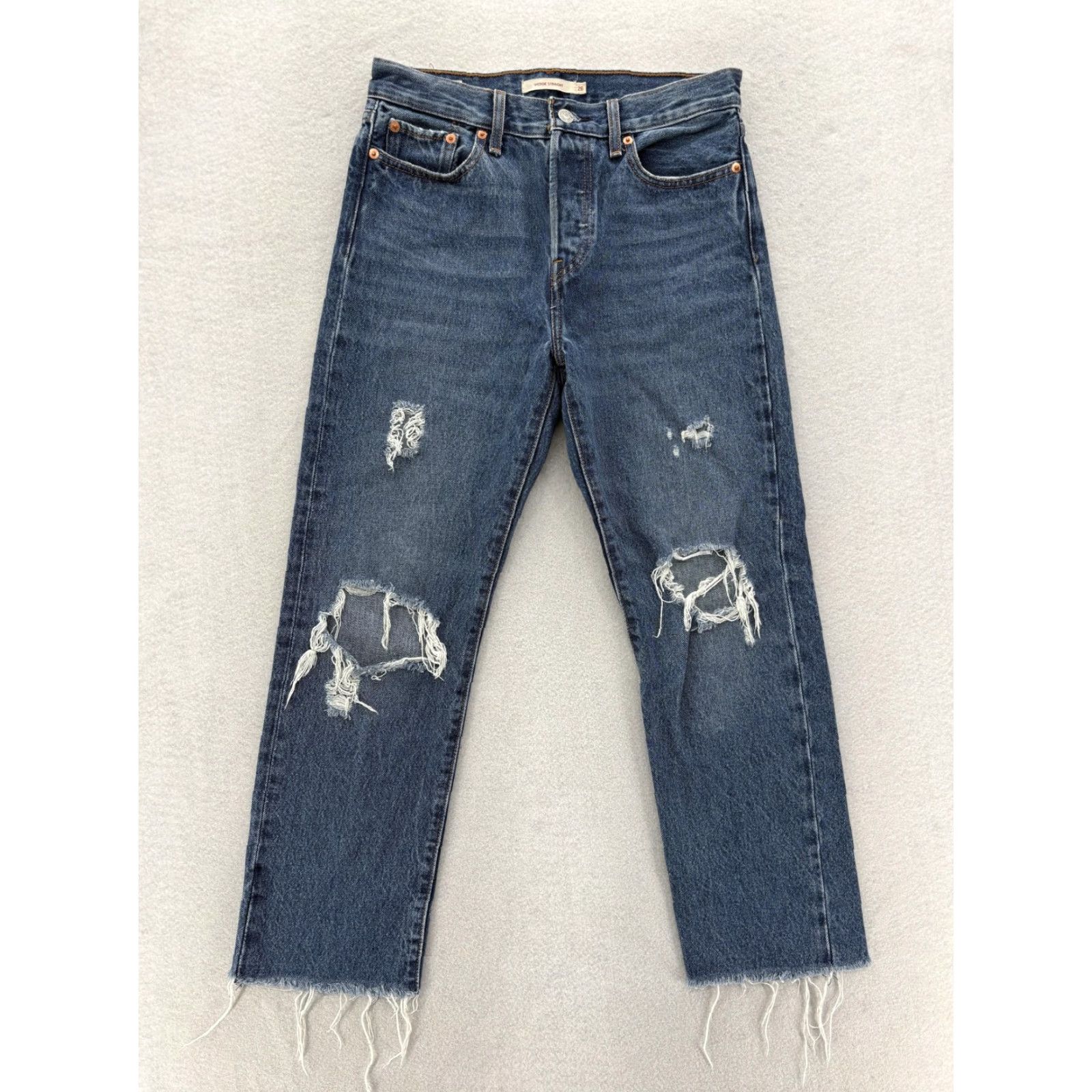 Levi's Levis Premium Wedgie Straight Jeans Womens 26 Blue High Rise Distressed Raw Hem Venues Denim 5-Pocket Design, Button, Logo Womens Jeans Size 26" / US 2 / IT 38 - 2 Thumbnail