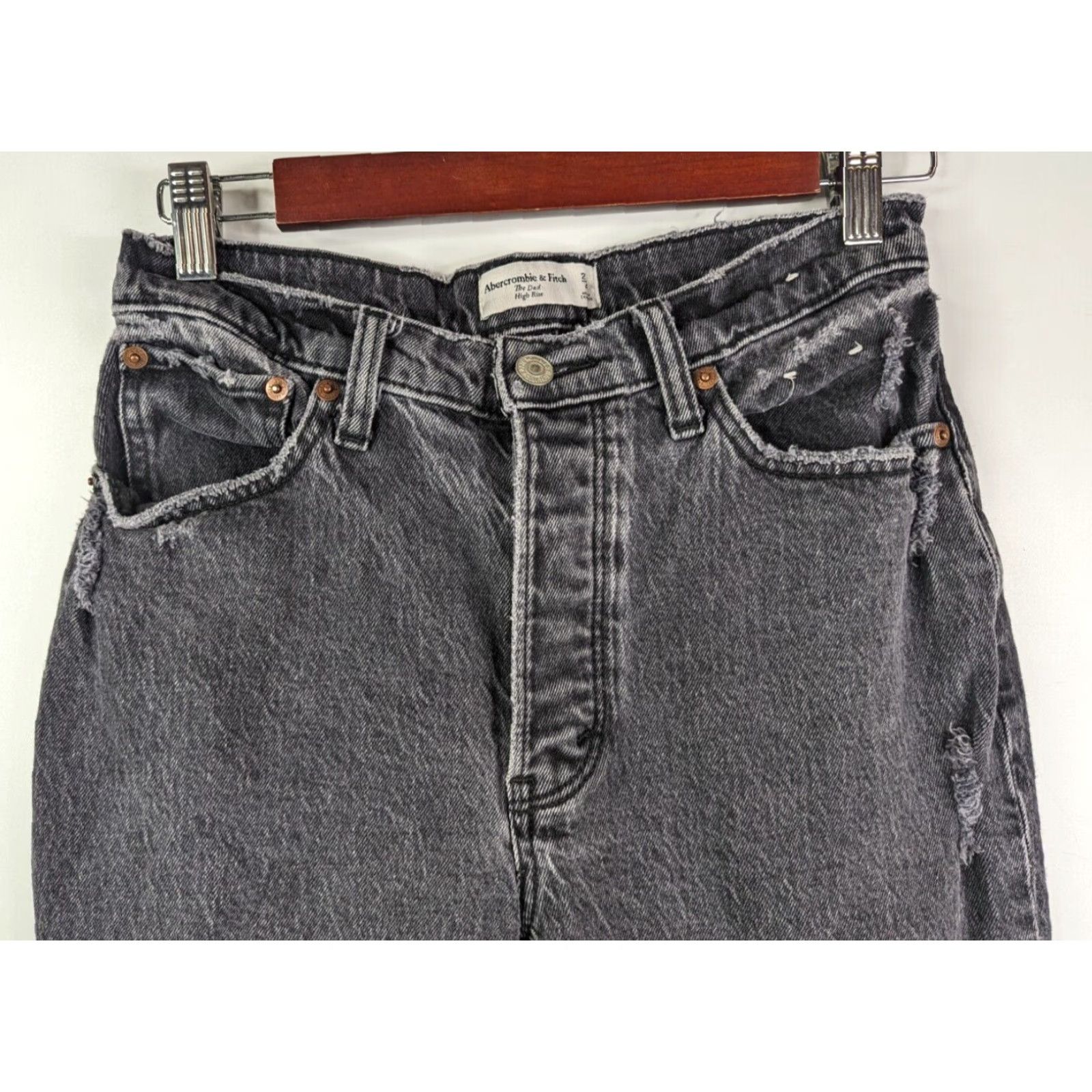 Abercrombie & Fitch Abercrombie & Fitch Jeans Women Distressed High Rise Dad - 27 Black Regular Denim Button Straight Size 27 4s Size 27" / US 4 / IT 40 - 2 Thumbnail