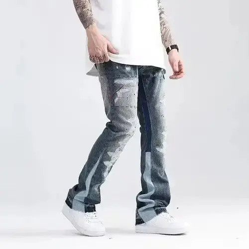 Japanese Brand Blue Speckle ink Washed Destroyed Flared Jean Size US 32 / EU 48 - 1 Thumbnail