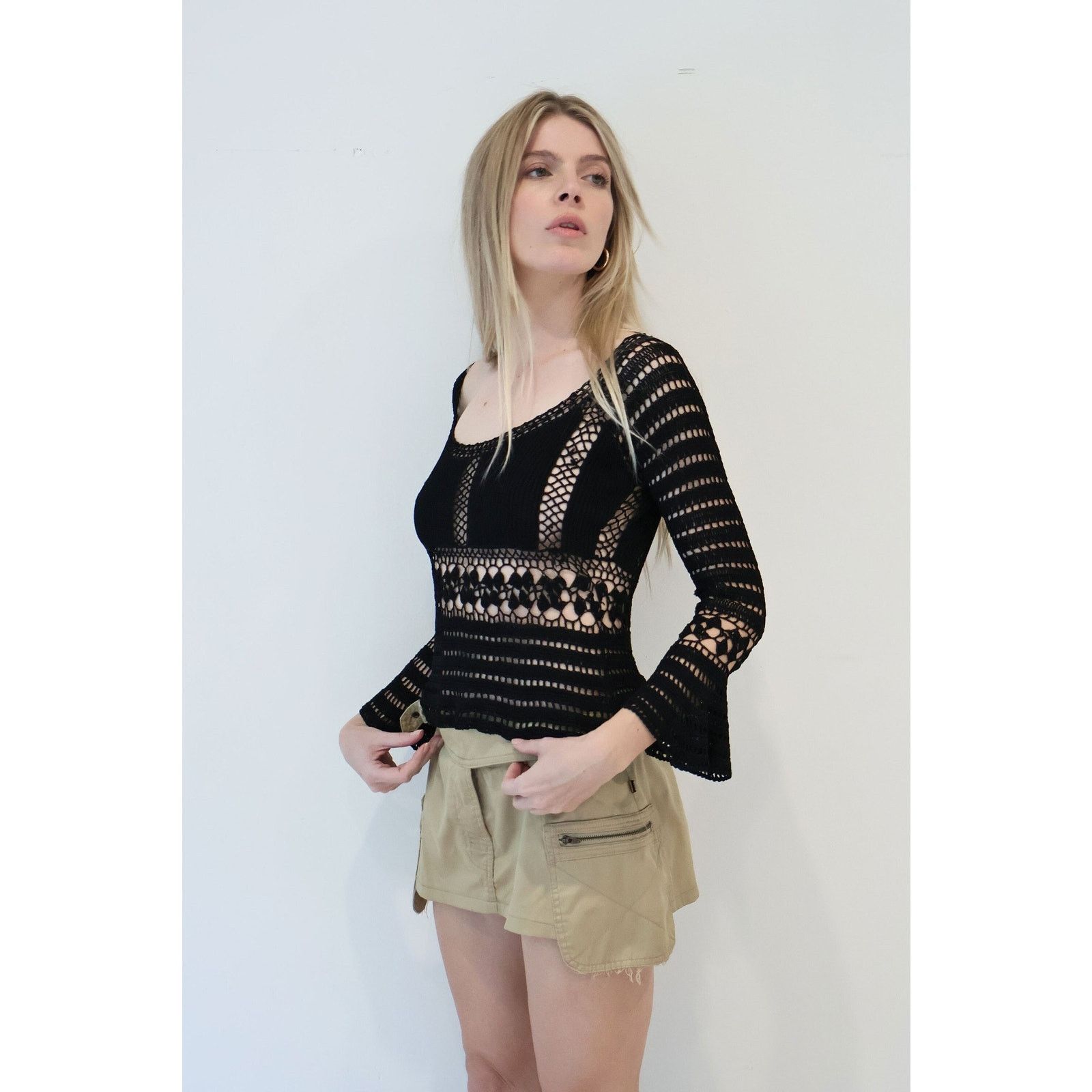 Vintage Y2K Vintage Black Crochet Knit Backless Top with Tie Back Size S / US 4 / IT 40 - 1 Thumbnail