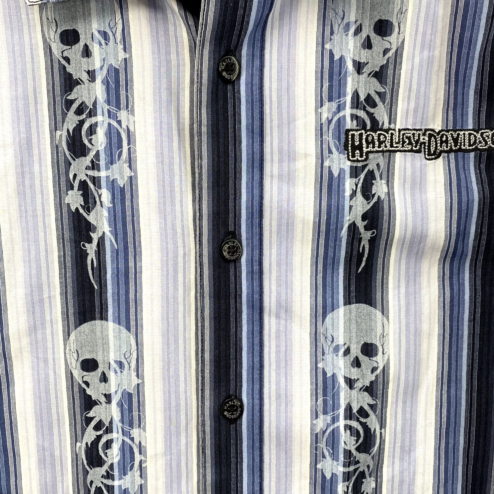 Harley Davidson Harley-Davidson Shirt Men Large Blue Striped Skull Moto Biker Rocker Grunge 90's Shirt Men Large Blue Striped Skull Moto Biker Roc Size US L / EU 52-54 / 3 - 3 Thumbnail