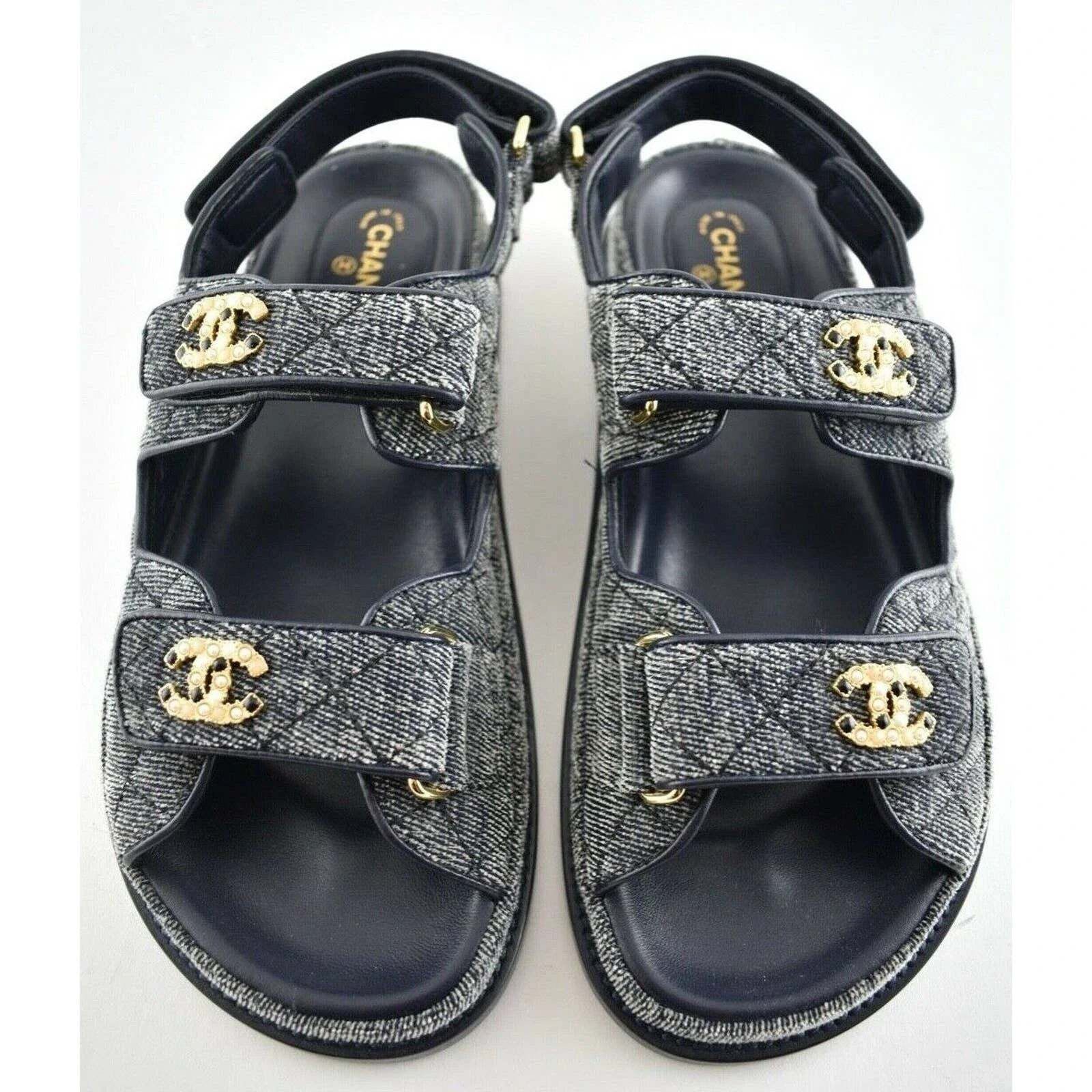 Chanel Chanel 21A Gray Velvet Denim CC Logo Mule Slide Strap Size US 8 / IT 38 - 1 Thumbnail