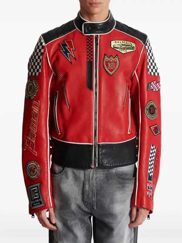 Balmain o1s1wg110925 Logo Applique Leather jacket in Red/Black Size US M / EU 48-50 / 2 - 2 Thumbnail